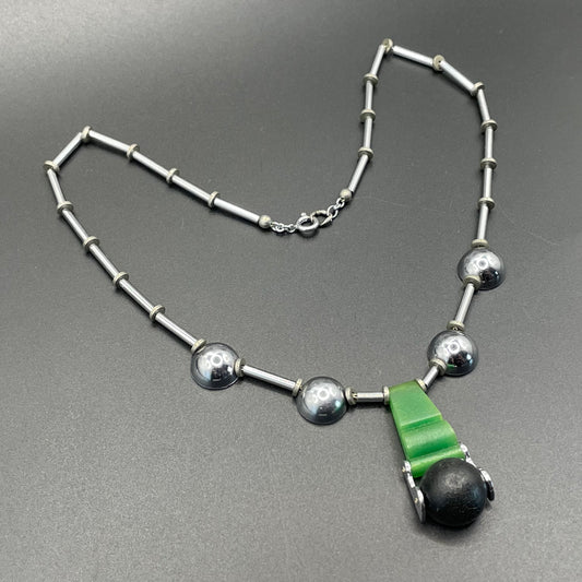Vintage Jakob Bengel Art Deco machine age chrome with green and black galalith bead necklace