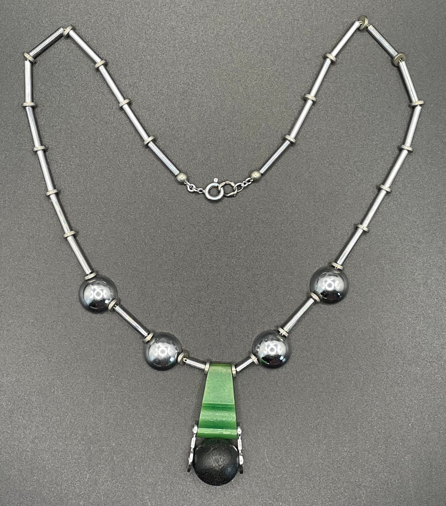 Vintage Jakob Bengel Art Deco machine age chrome with green and black galalith bead necklace