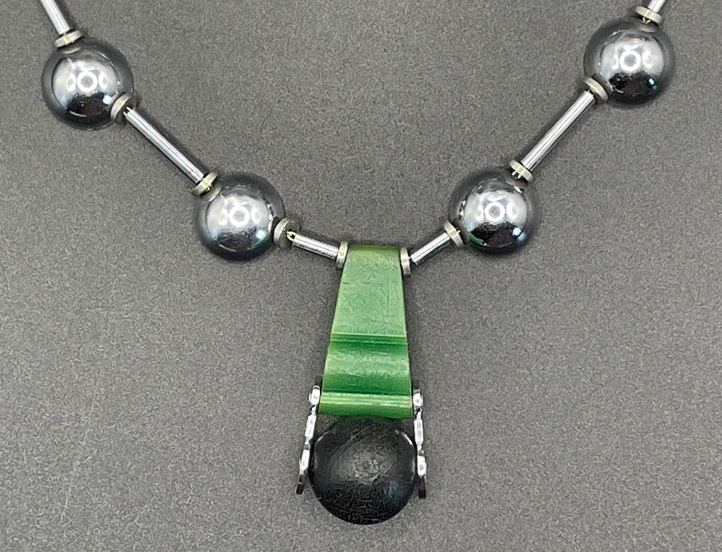 Vintage Jakob Bengel Art Deco machine age chrome with green and black galalith bead necklace