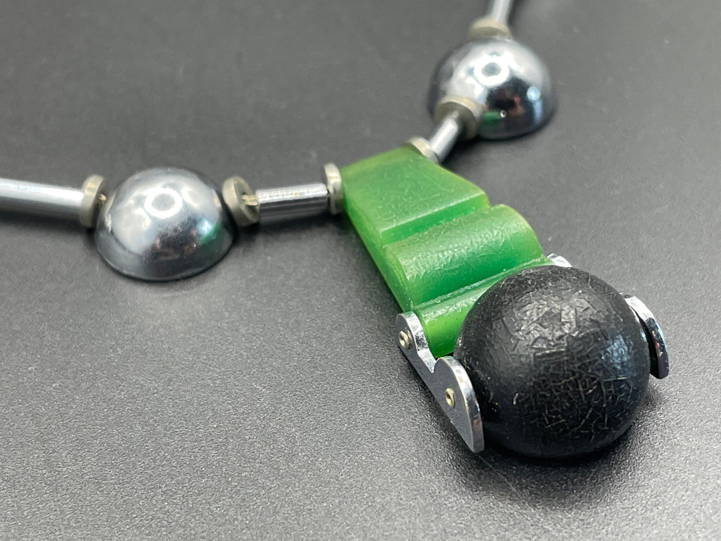 Vintage Jakob Bengel Art Deco machine age chrome with green and black galalith bead necklace