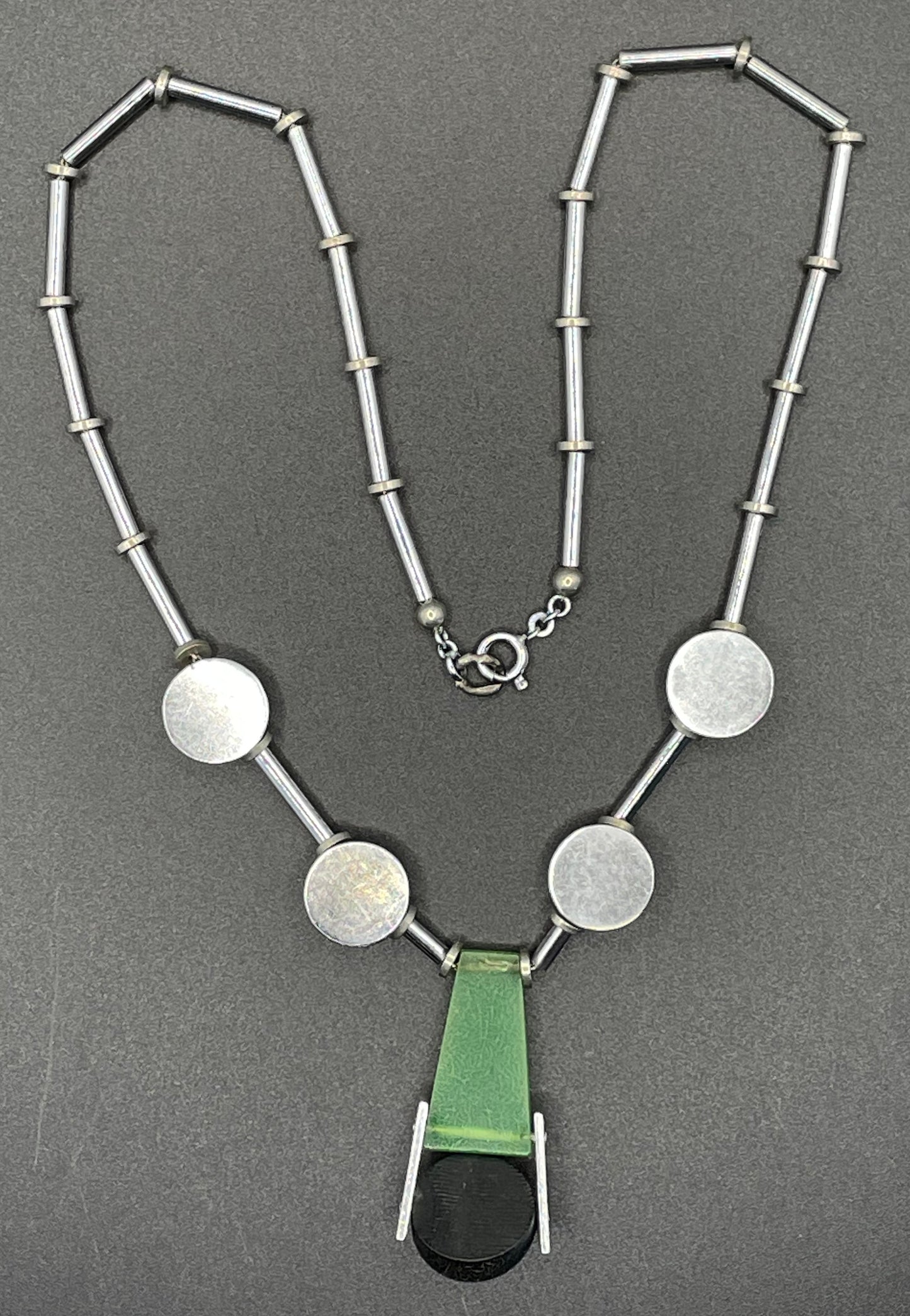 Vintage Jakob Bengel Art Deco machine age chrome with green and black galalith bead necklace