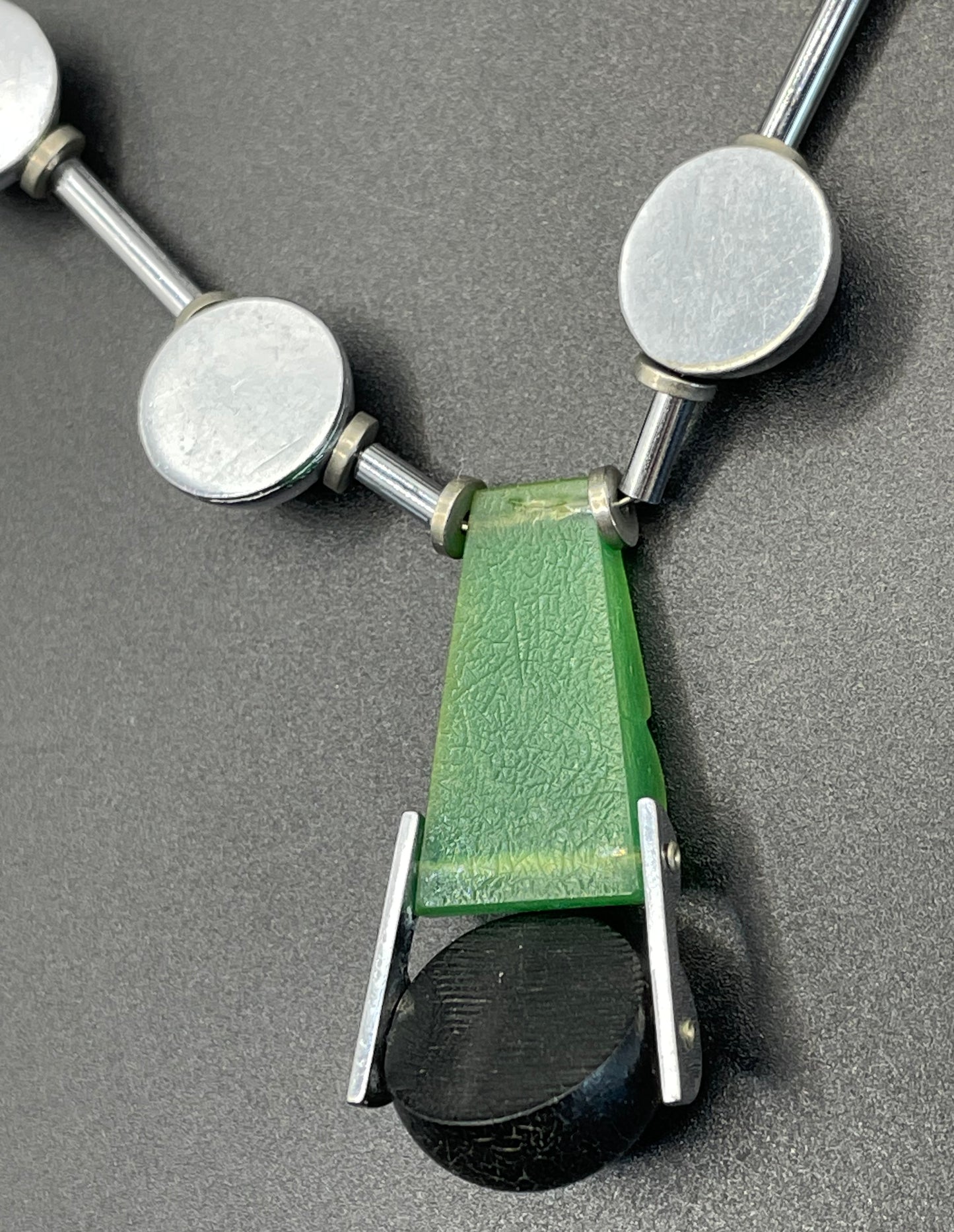 Vintage Jakob Bengel Art Deco machine age chrome with green and black galalith bead necklace