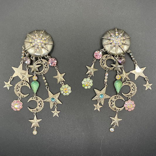 Vintage signed Askew London celestial long dangle chandelier clip-on earrings with lots of rhinestones and a star and moon motif
