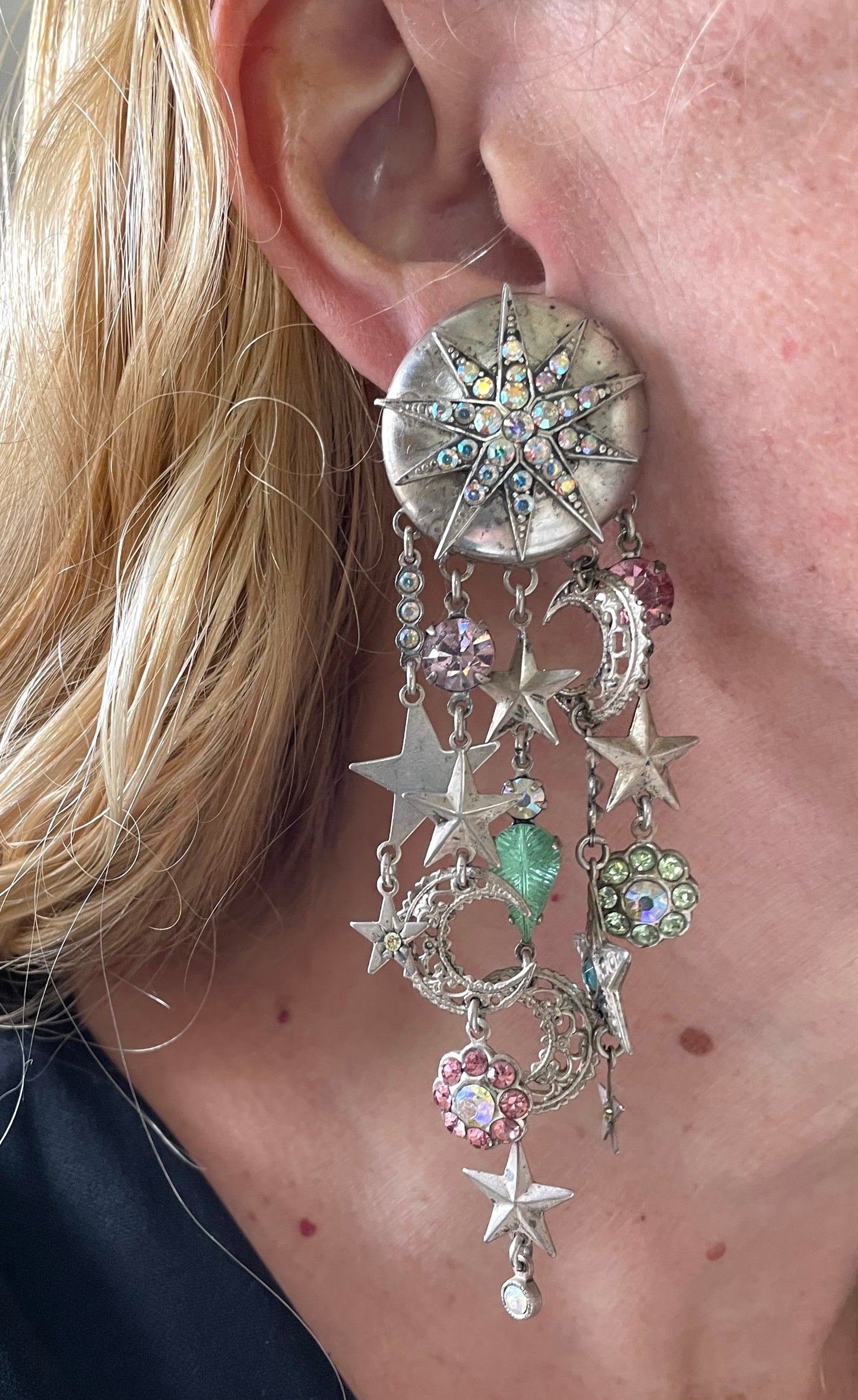 Vintage signed Askew London celestial long dangle chandelier clip-on earrings with lots of rhinestones and a star and moon motif
