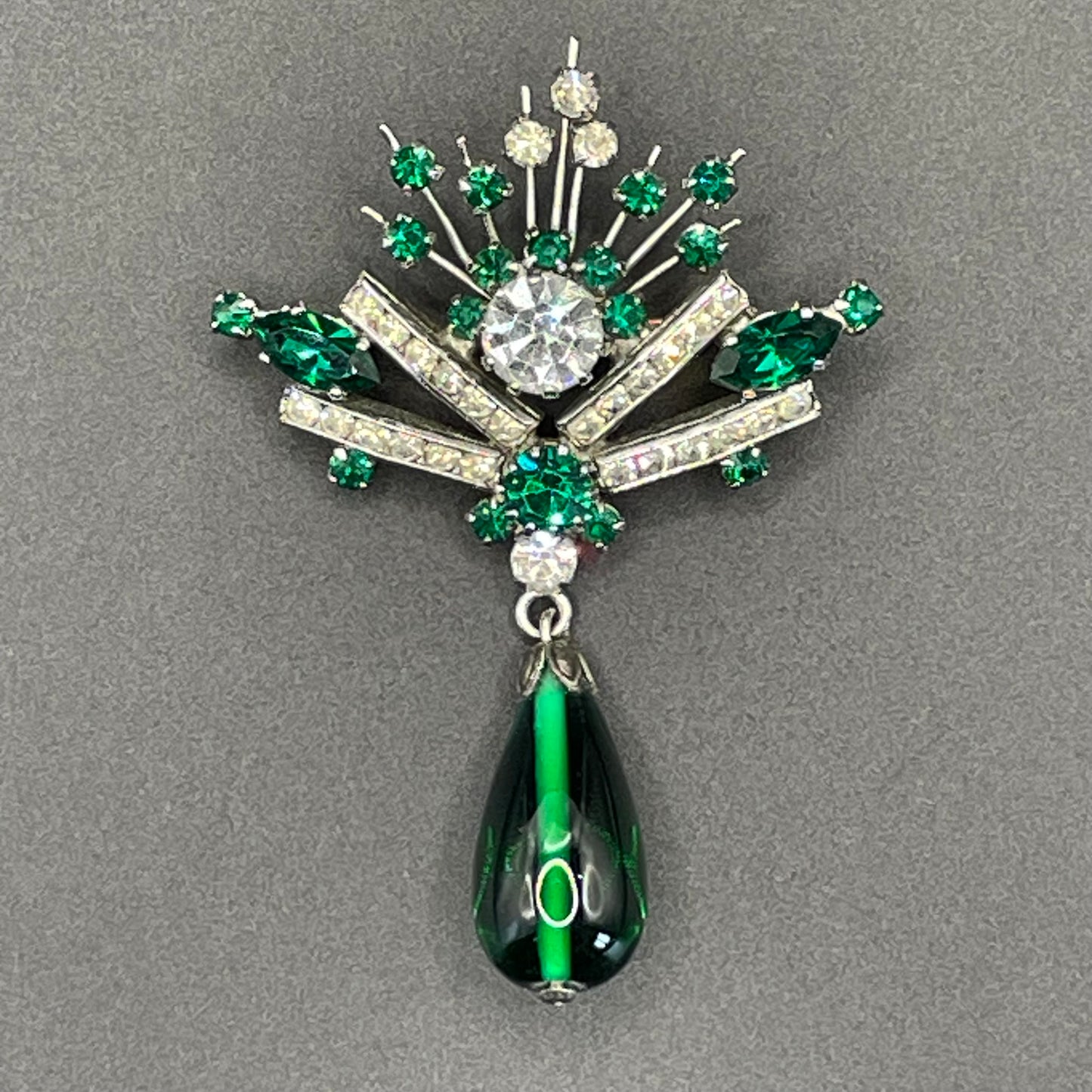 Vintage Schreiber & Hiller (but unsigned) brooch, Art Deco channel set clear paste and green rhinestones with poured green glass drop brooch