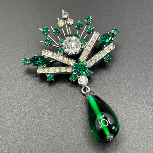 Vintage Schreiber & Hiller (but unsigned) brooch, Art Deco channel set clear paste and green rhinestones with poured green glass drop brooch
