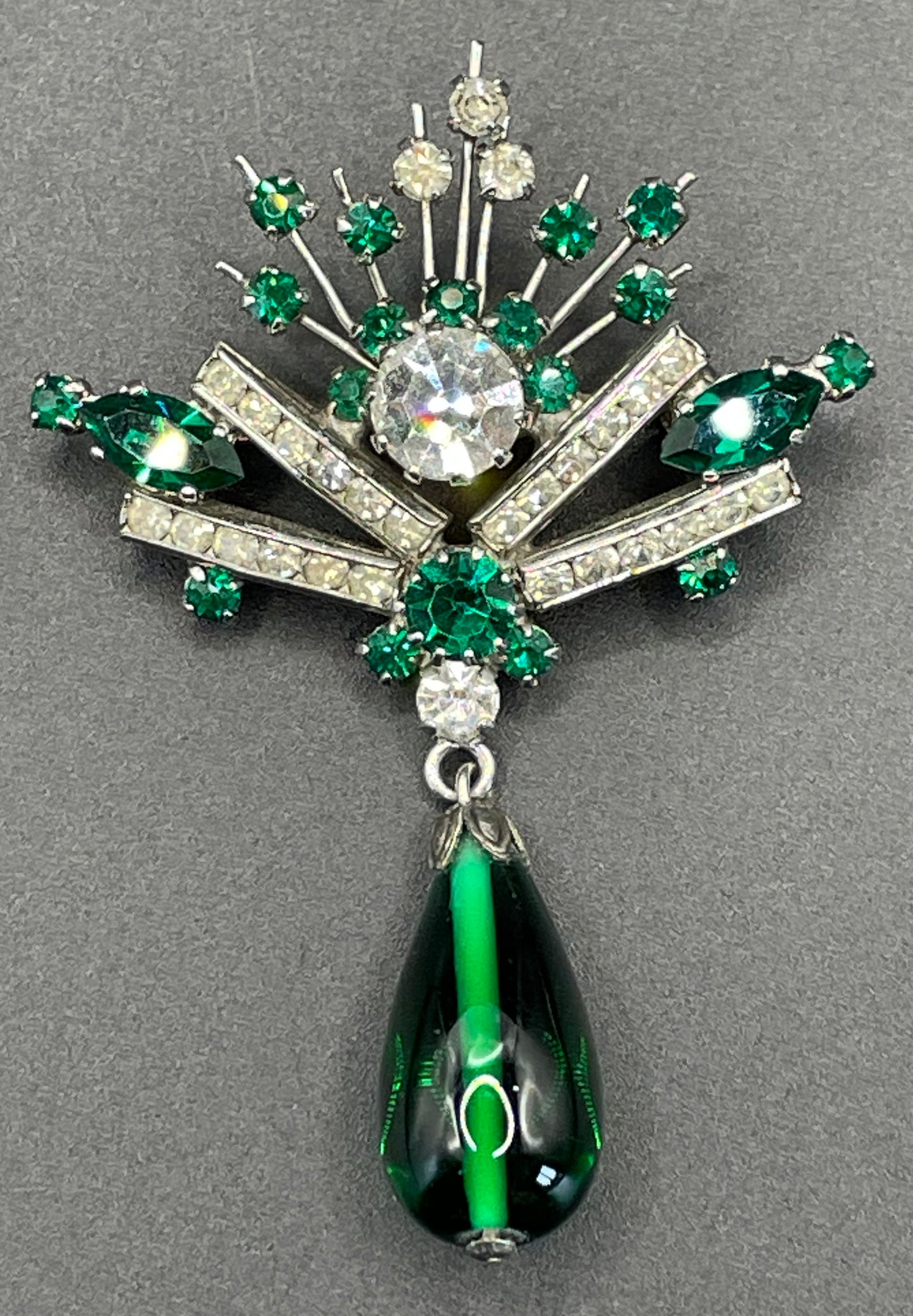 Vintage Schreiber & Hiller (but unsigned) brooch, Art Deco channel set clear paste and green rhinestones with poured green glass drop brooch
