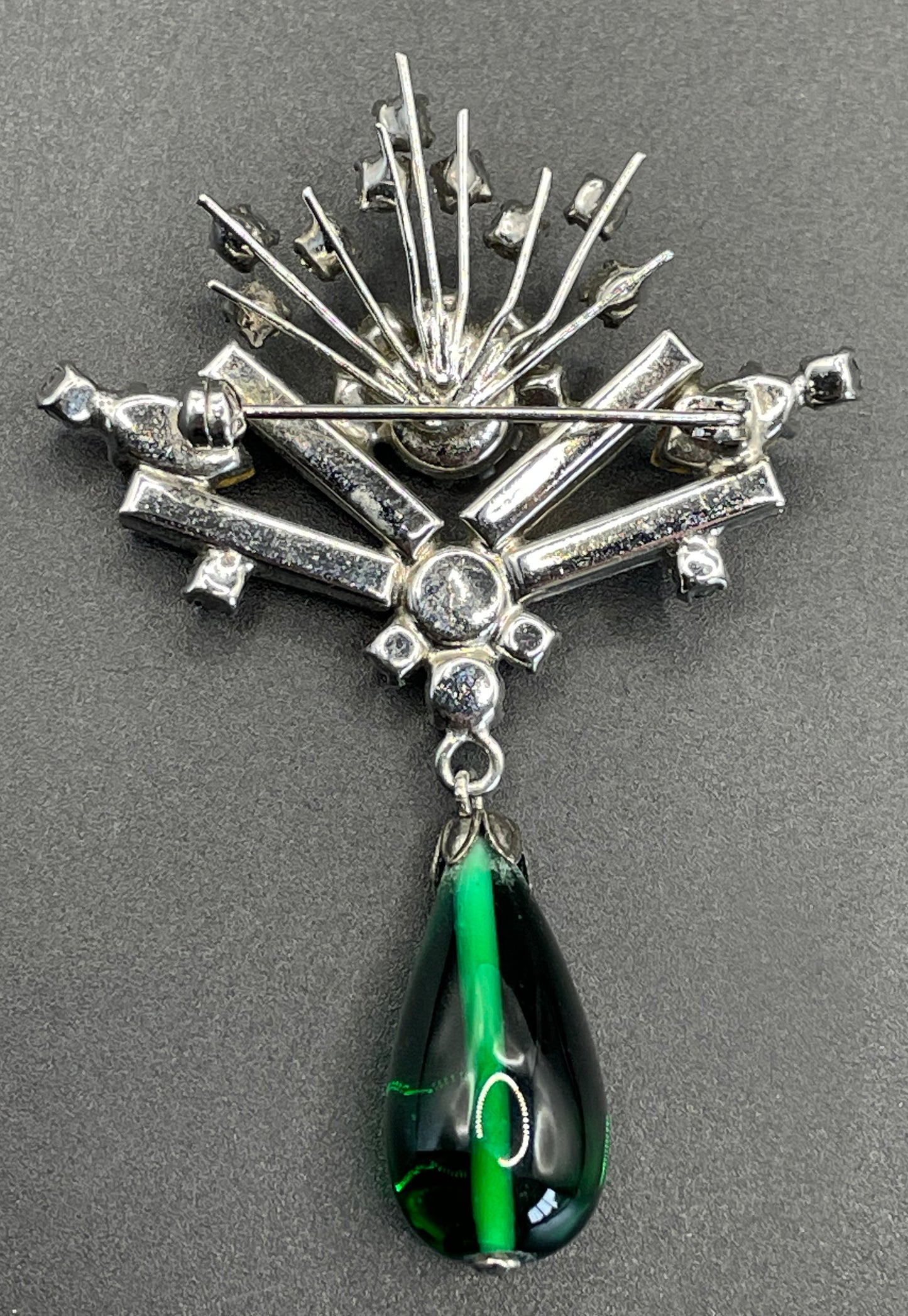 Vintage Schreiber & Hiller (but unsigned) brooch, Art Deco channel set clear paste and green rhinestones with poured green glass drop brooch