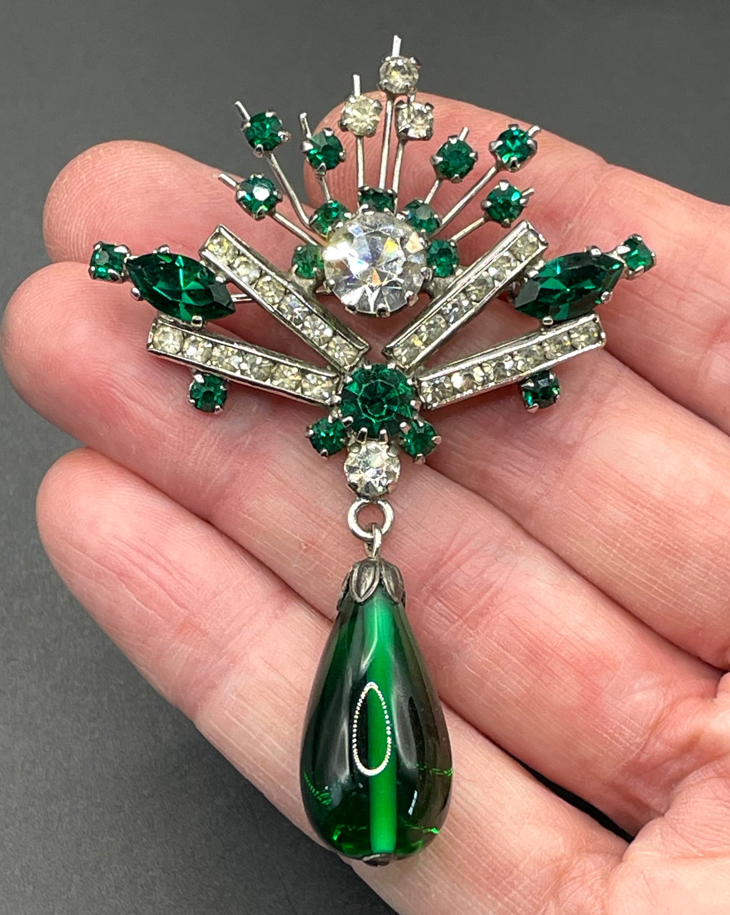 Vintage Schreiber & Hiller (but unsigned) brooch, Art Deco channel set clear paste and green rhinestones with poured green glass drop brooch
