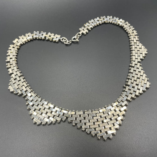 Vintage Jakob Bengel Art Deco brickwork / mauerwerk machine age shiny chrome necklace, classic geometric design with textured panels