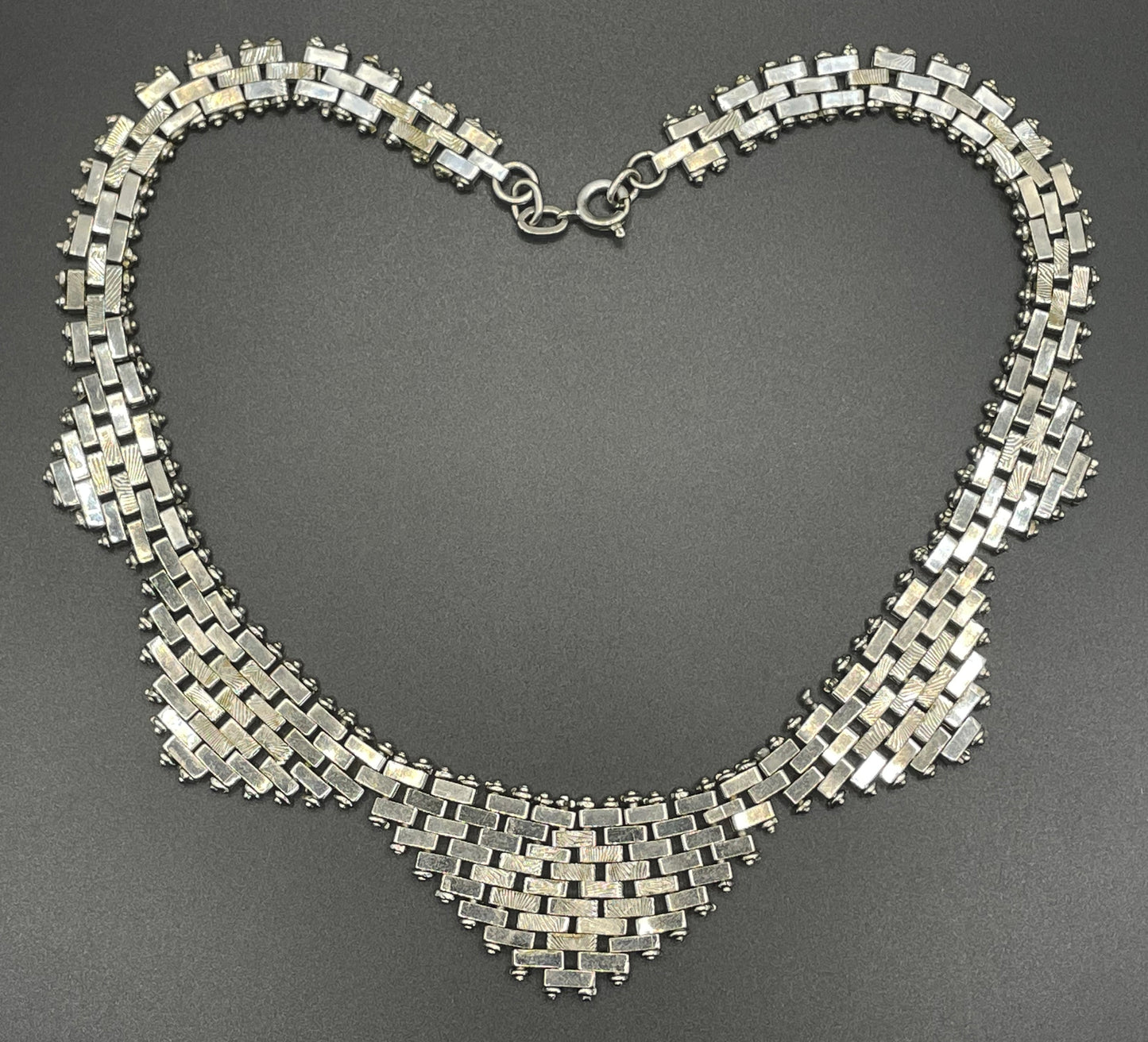 Vintage Jakob Bengel Art Deco brickwork / mauerwerk machine age shiny chrome necklace, classic geometric design with textured panels