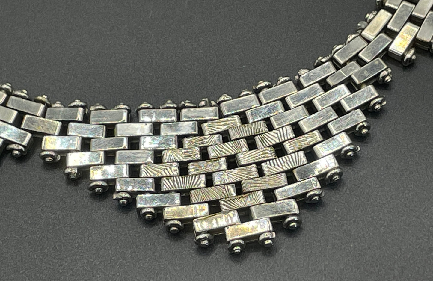 Vintage Jakob Bengel Art Deco brickwork / mauerwerk machine age shiny chrome necklace, classic geometric design with textured panels