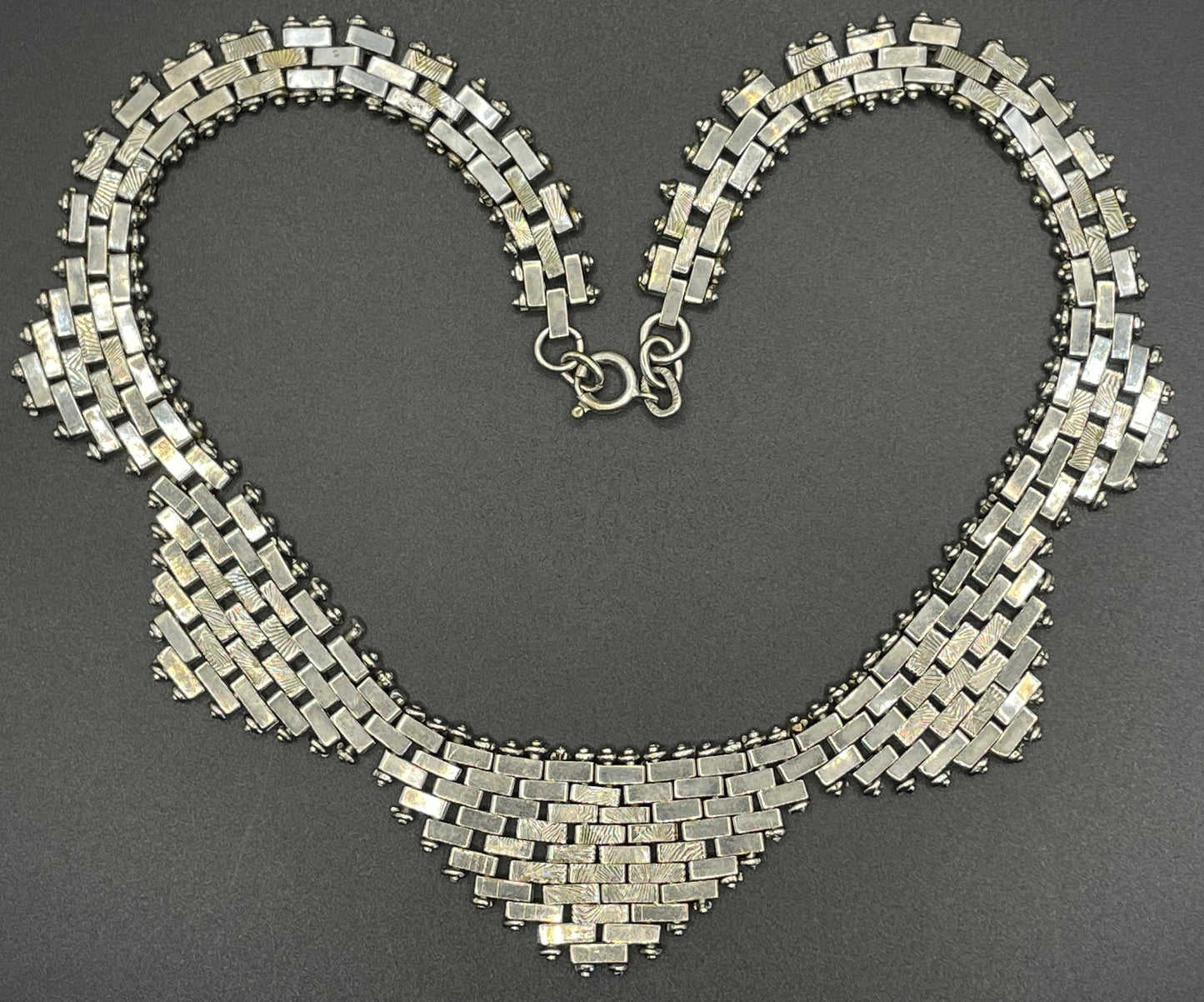 Vintage Jakob Bengel Art Deco brickwork / mauerwerk machine age shiny chrome necklace, classic geometric design with textured panels