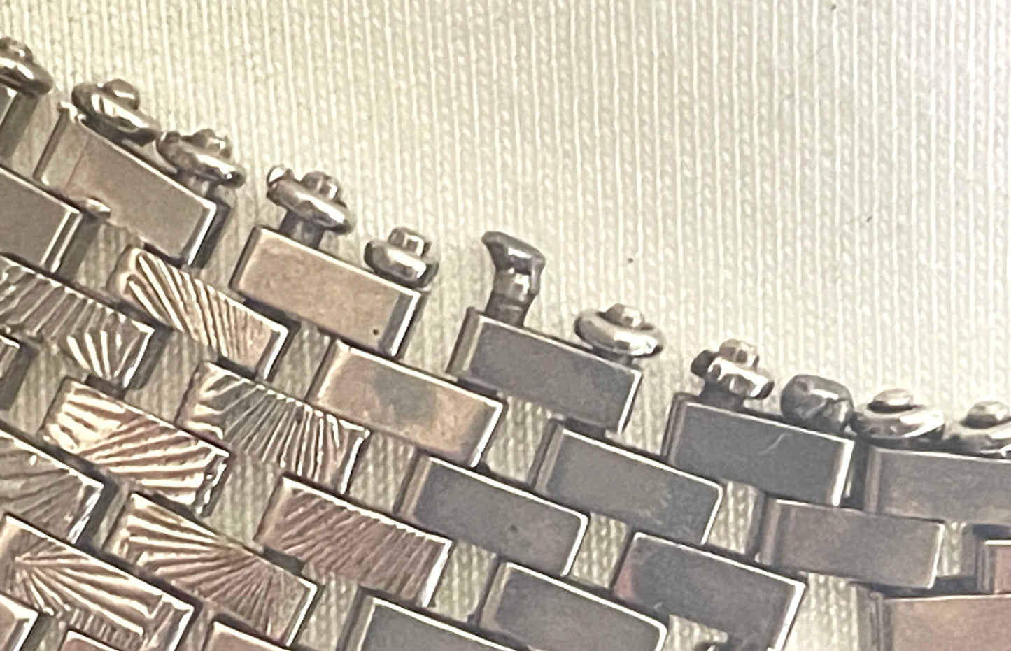 Vintage Jakob Bengel Art Deco brickwork / mauerwerk machine age shiny chrome necklace, classic geometric design with textured panels