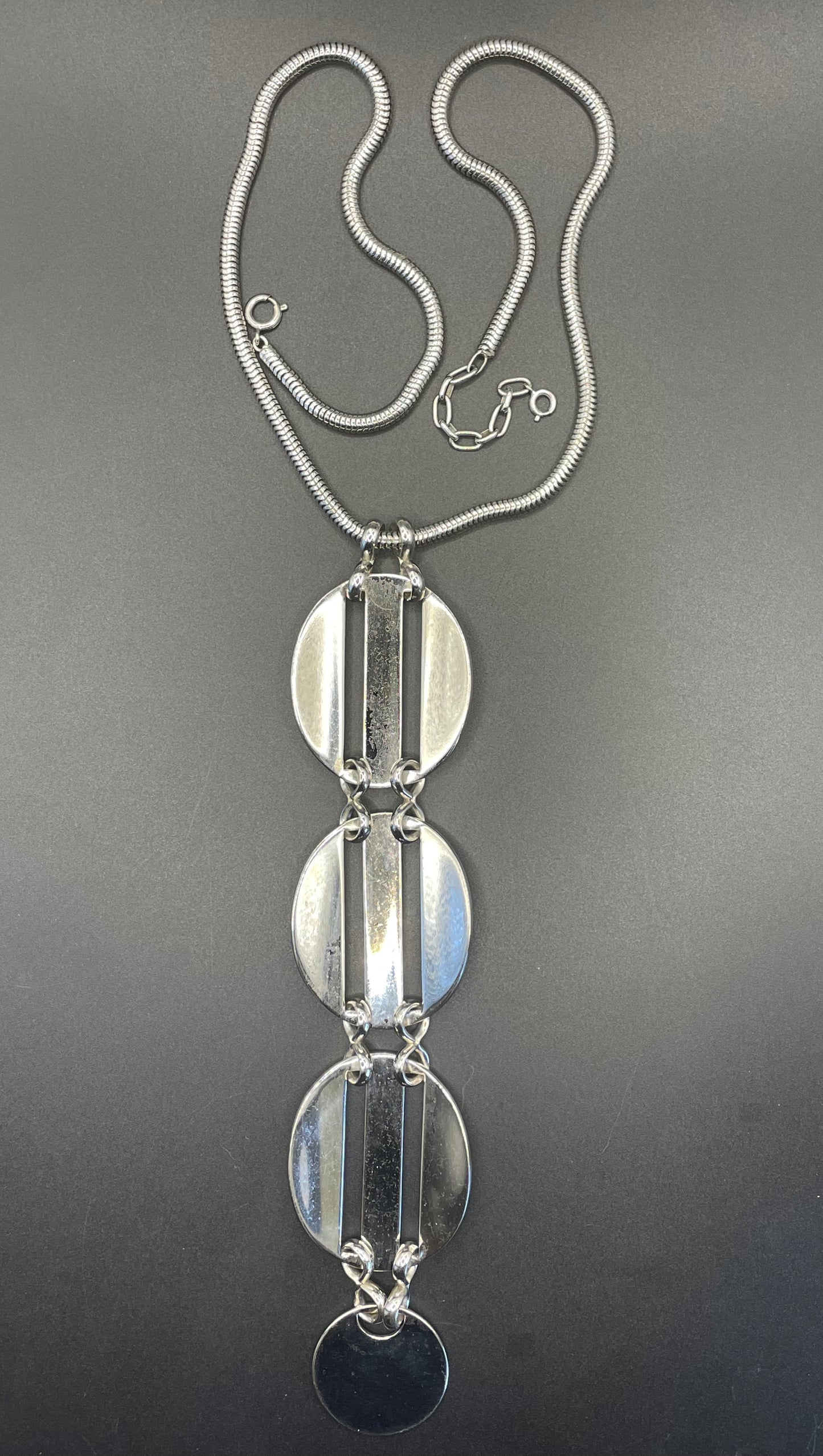 Huge vintage signed Grosse 1971 shiny silver tone long pendant necklace, space age disco design by Henkel & Grosse - makers for Dior