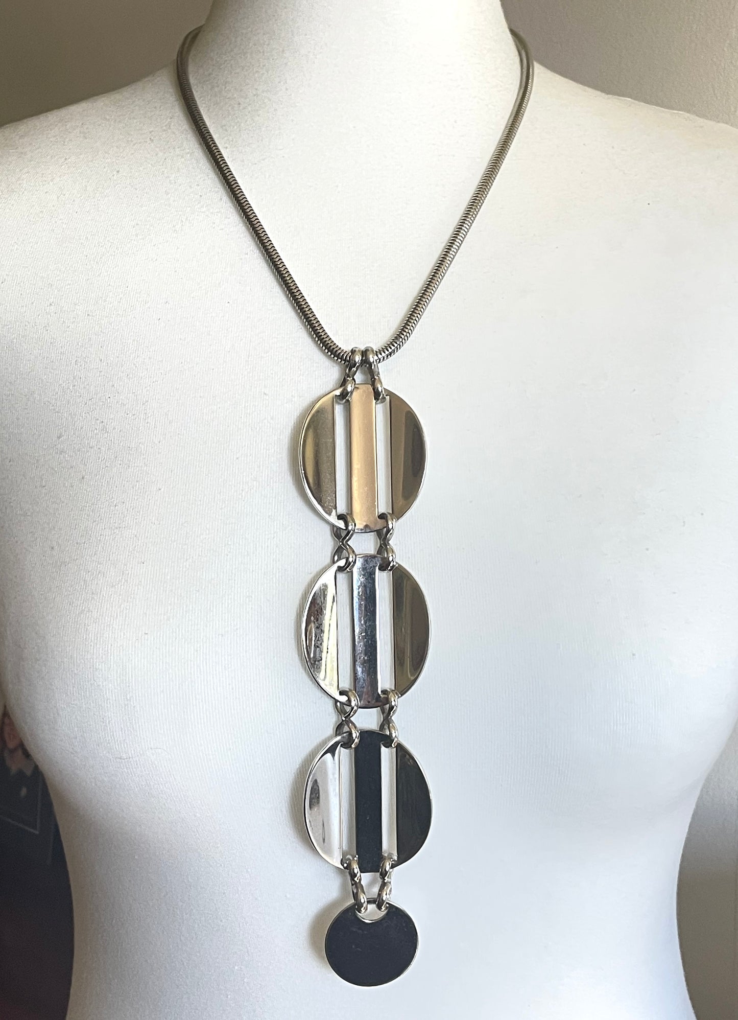 Huge vintage signed Grosse 1971 shiny silver tone long pendant necklace, space age disco design by Henkel & Grosse - makers for Dior