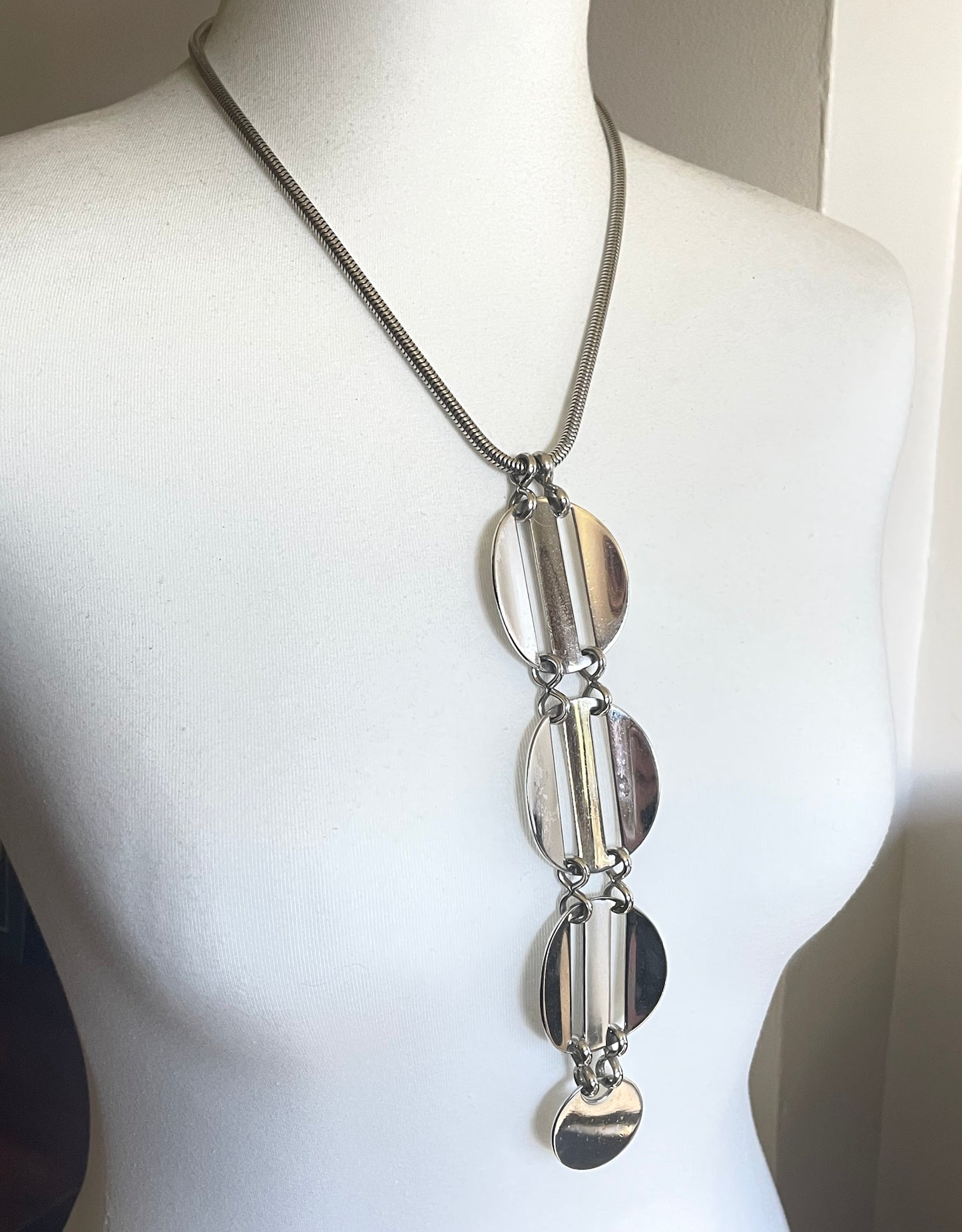 Huge vintage signed Grosse 1971 shiny silver tone long pendant necklace, space age disco design by Henkel & Grosse - makers for Dior