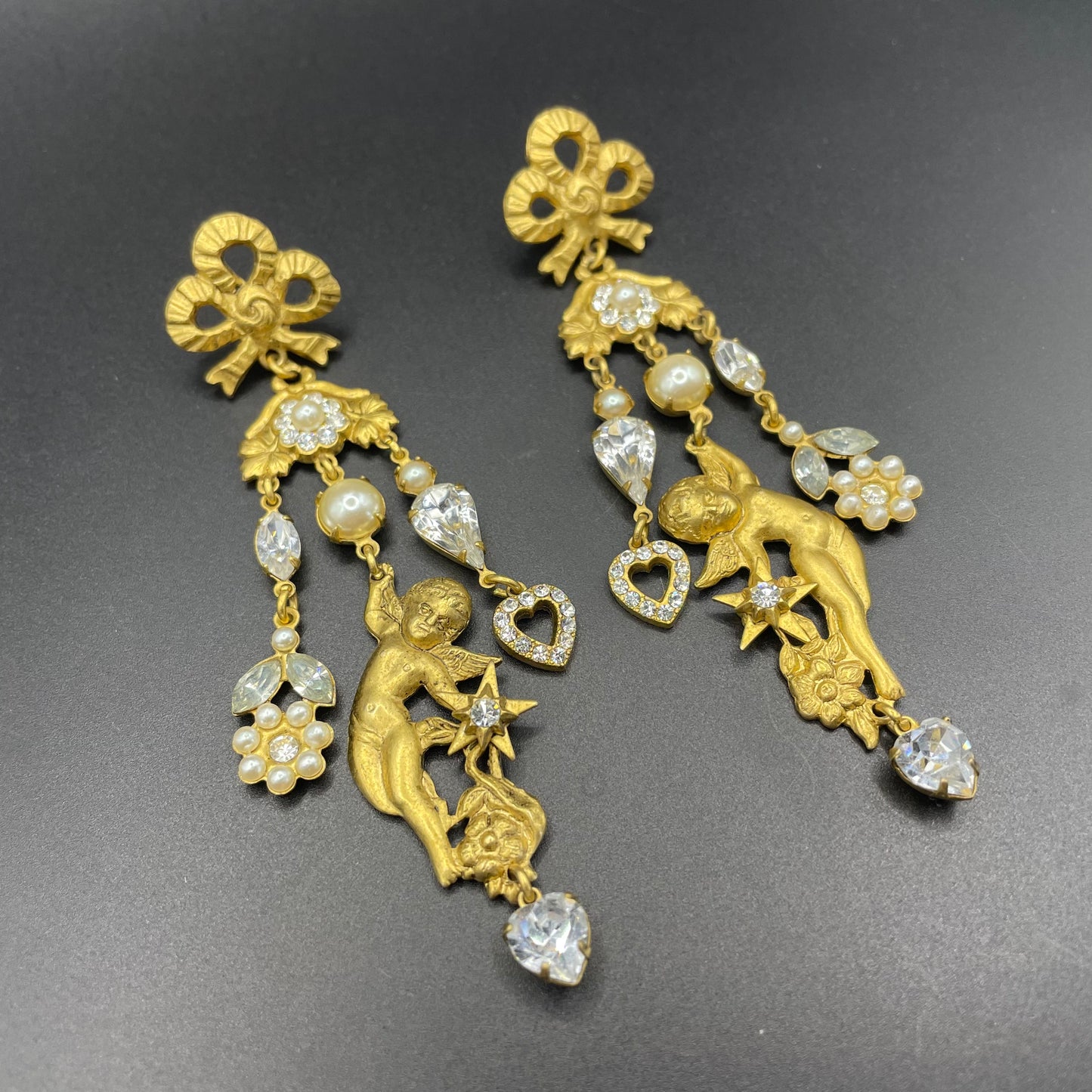 Early Askew London celestial cherub long dangle statement earrings for pierced ears, gold tone, clear rhinestones and faux pearls