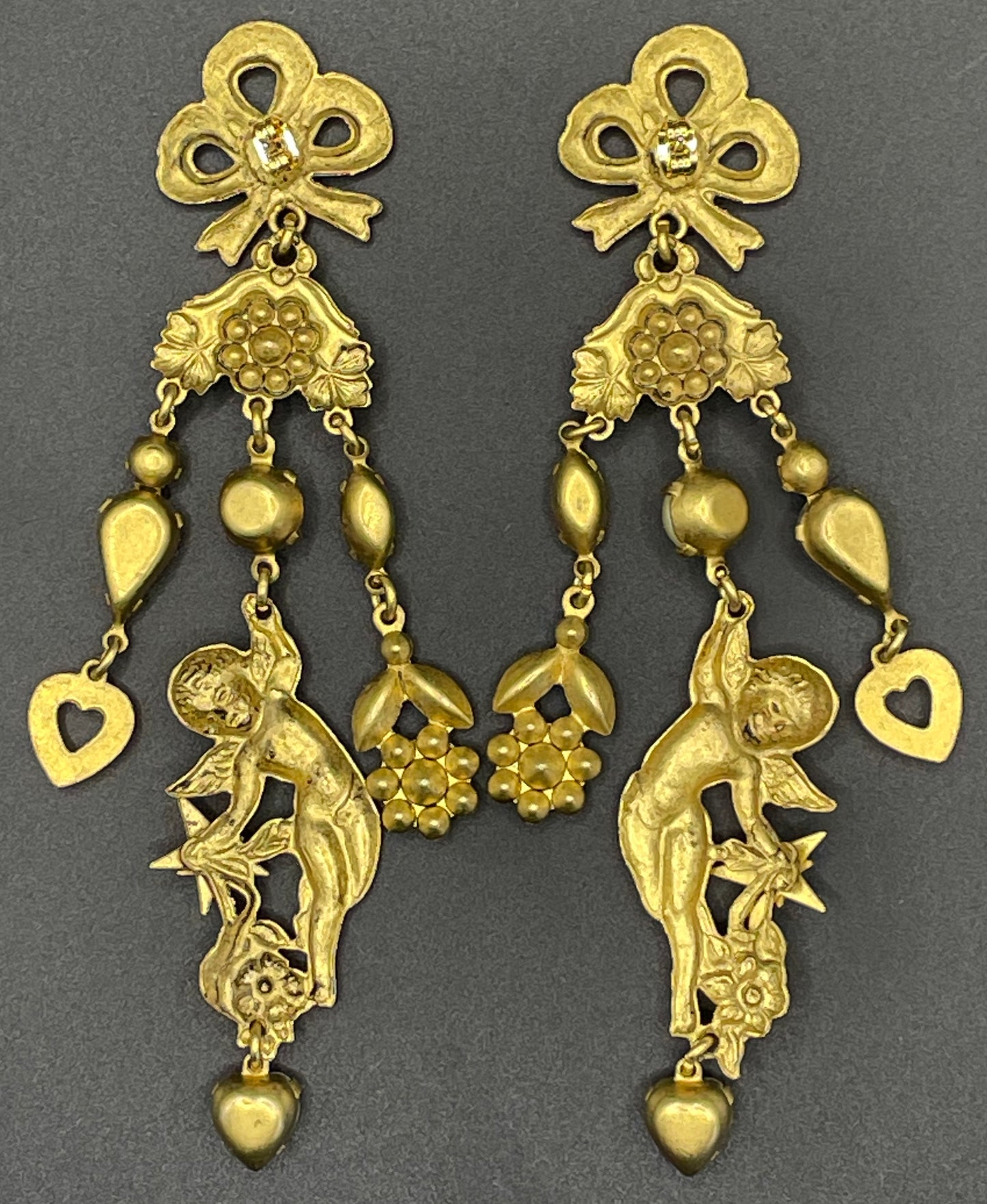 Early Askew London celestial cherub long dangle statement earrings for pierced ears, gold tone, clear rhinestones and faux pearls