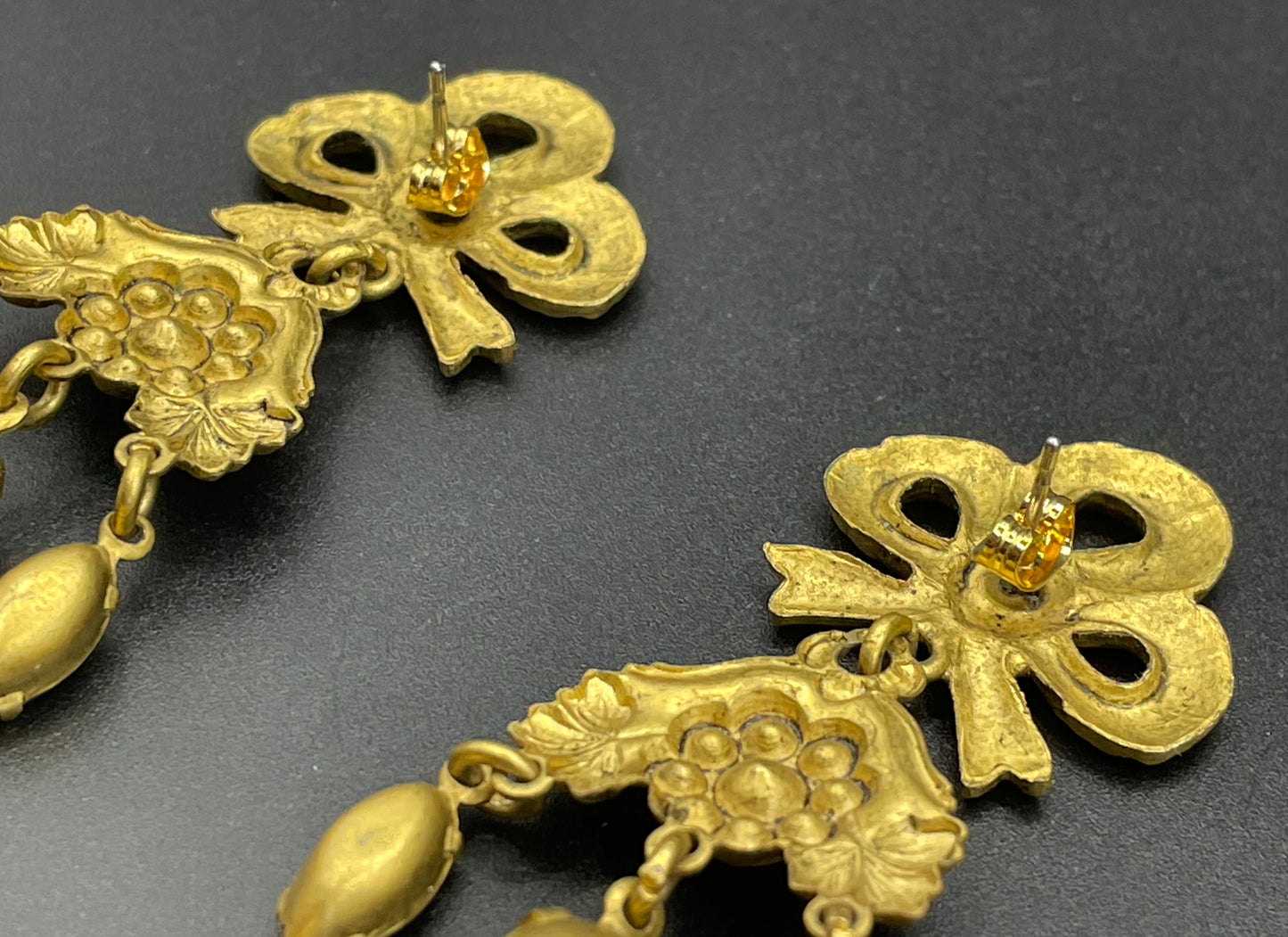 Early Askew London celestial cherub long dangle statement earrings for pierced ears, gold tone, clear rhinestones and faux pearls