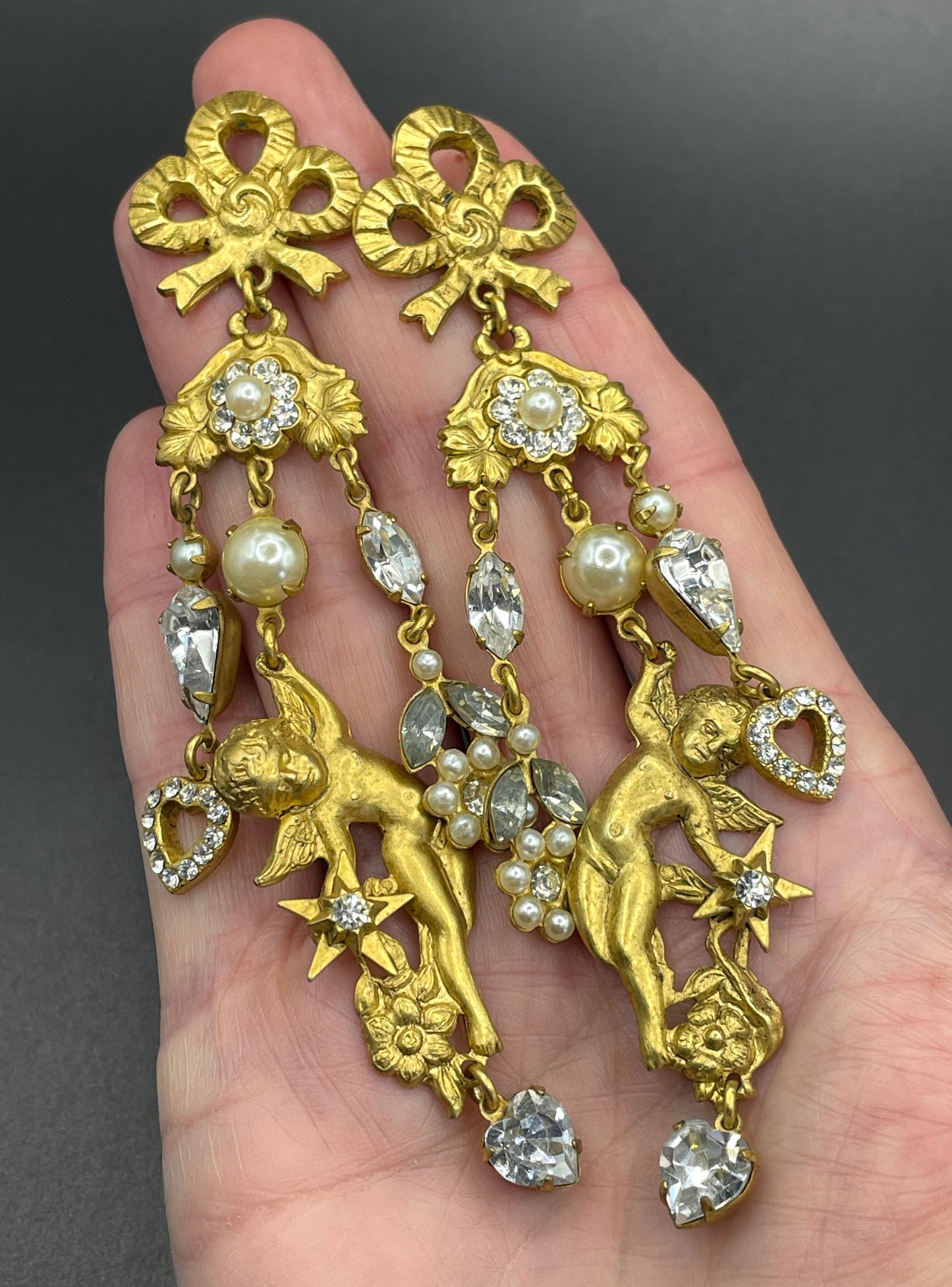 Early Askew London celestial cherub long dangle statement earrings for pierced ears, gold tone, clear rhinestones and faux pearls