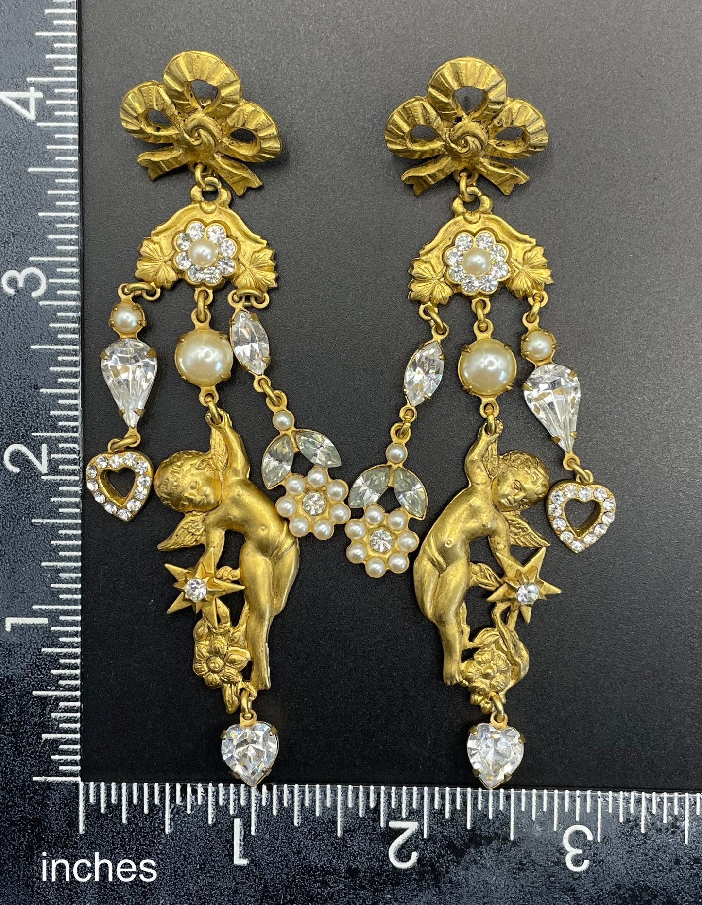 Early Askew London celestial cherub long dangle statement earrings for pierced ears, gold tone, clear rhinestones and faux pearls