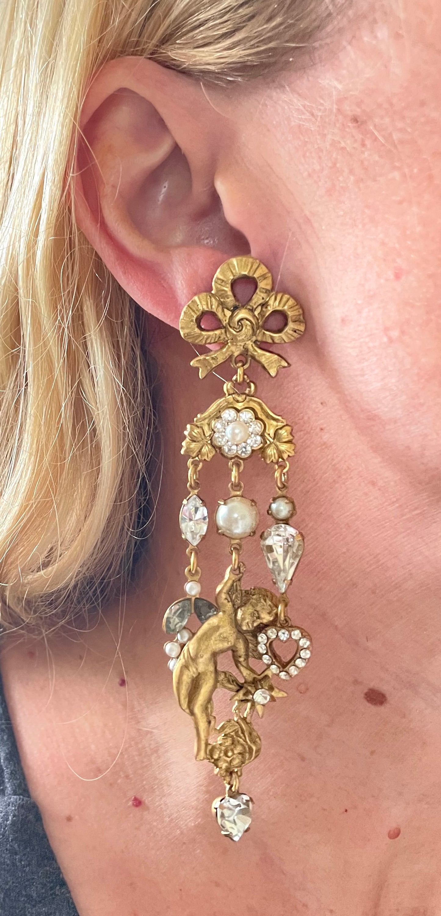 Early Askew London celestial cherub long dangle statement earrings for pierced ears, gold tone, clear rhinestones and faux pearls