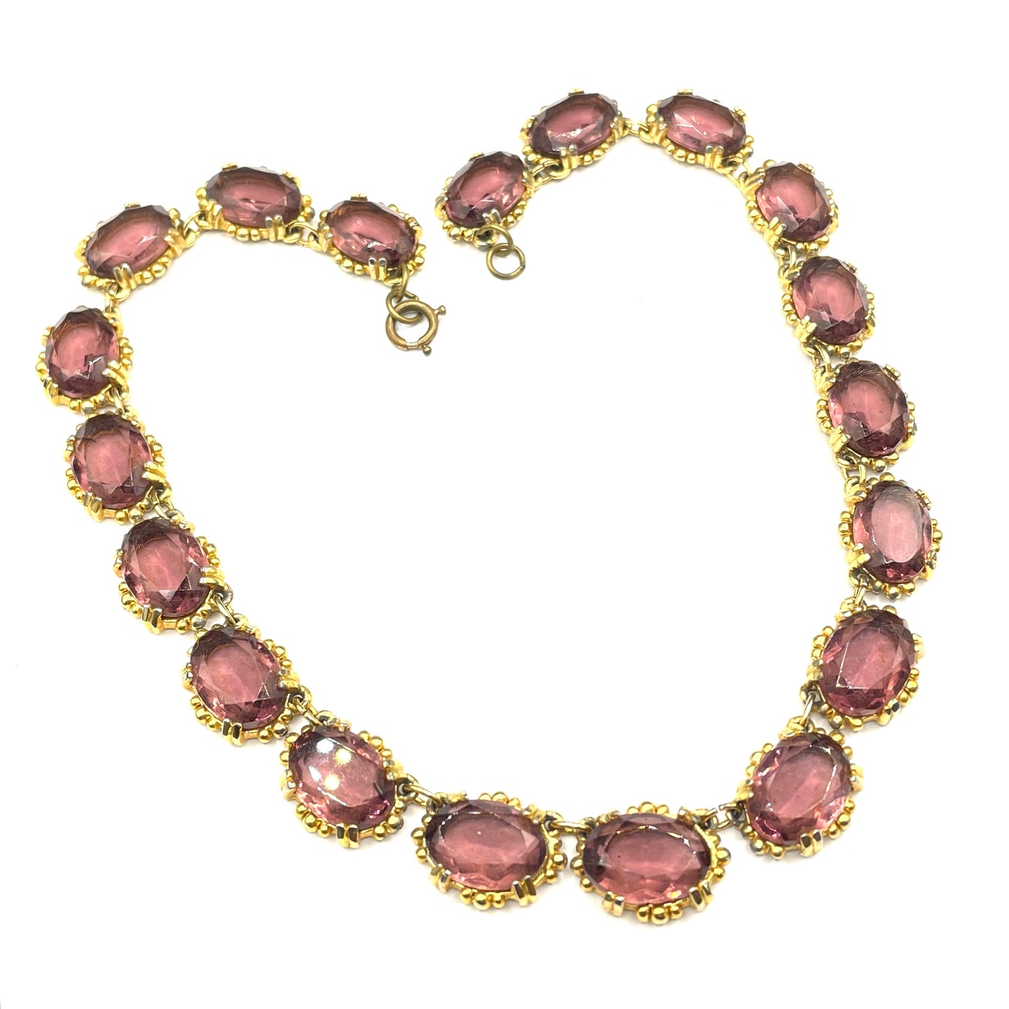 Vintage Sphinx amethyst purple / violet glass riviere necklace, heavy, bezel set, open-backed stones in ornate gold tone setting