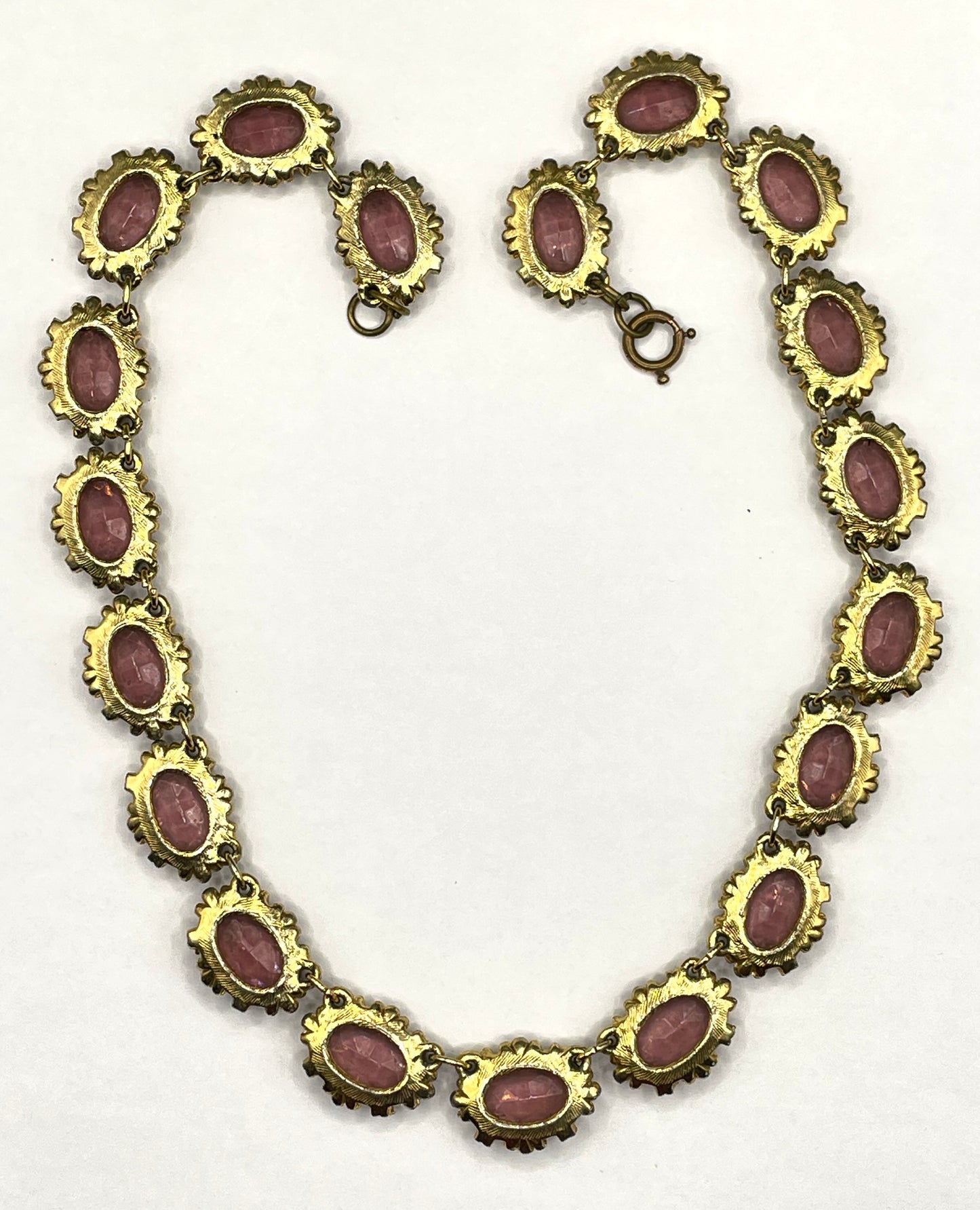 Vintage Sphinx amethyst purple / violet glass riviere necklace, heavy, bezel set, open-backed stones in ornate gold tone setting