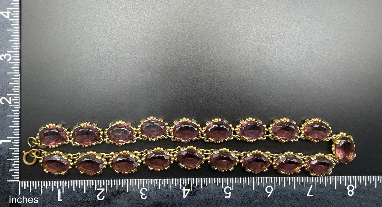 Vintage Sphinx amethyst purple / violet glass riviere necklace, heavy, bezel set, open-backed stones in ornate gold tone setting