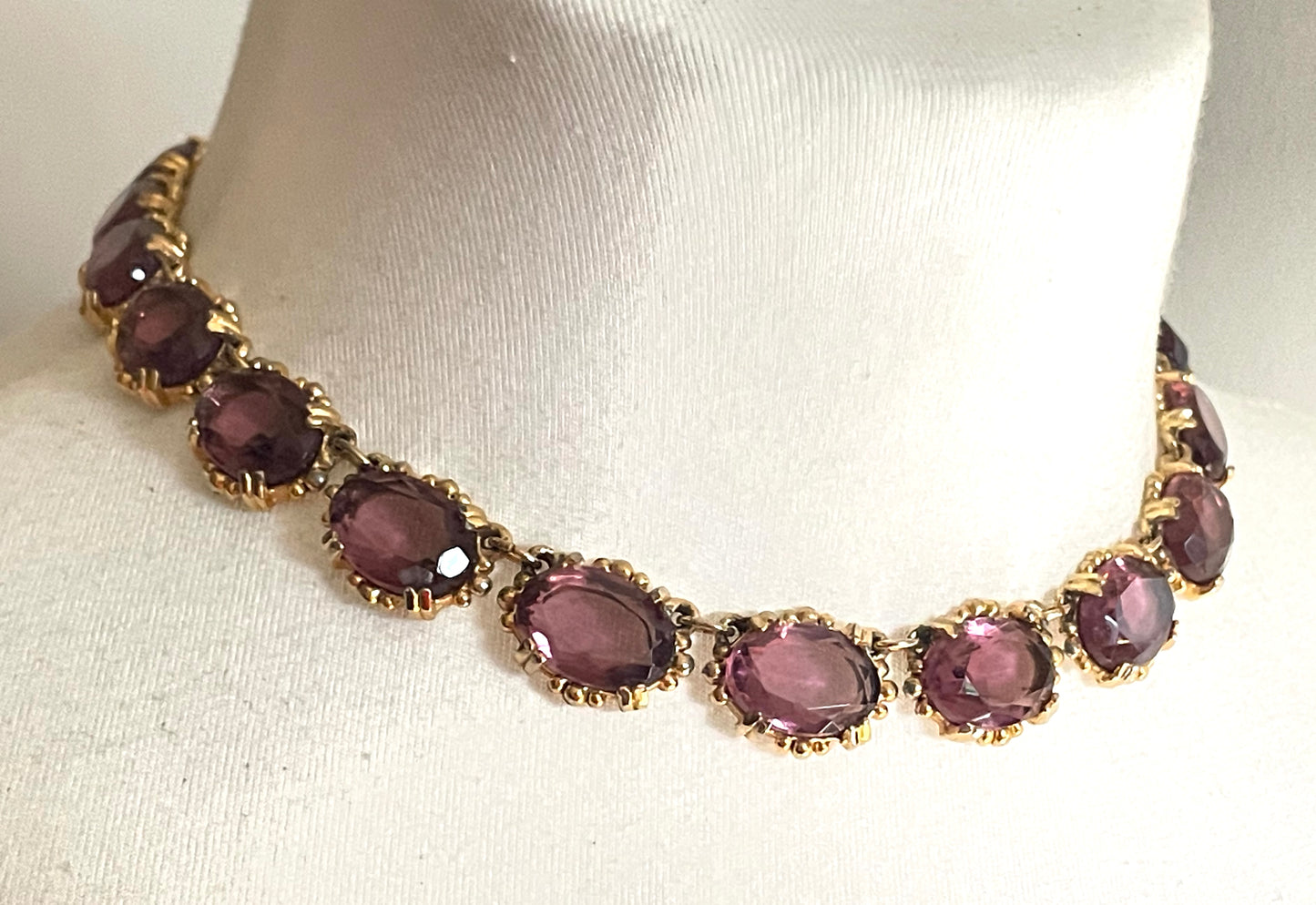 Vintage Sphinx amethyst purple / violet glass riviere necklace, heavy, bezel set, open-backed stones in ornate gold tone setting