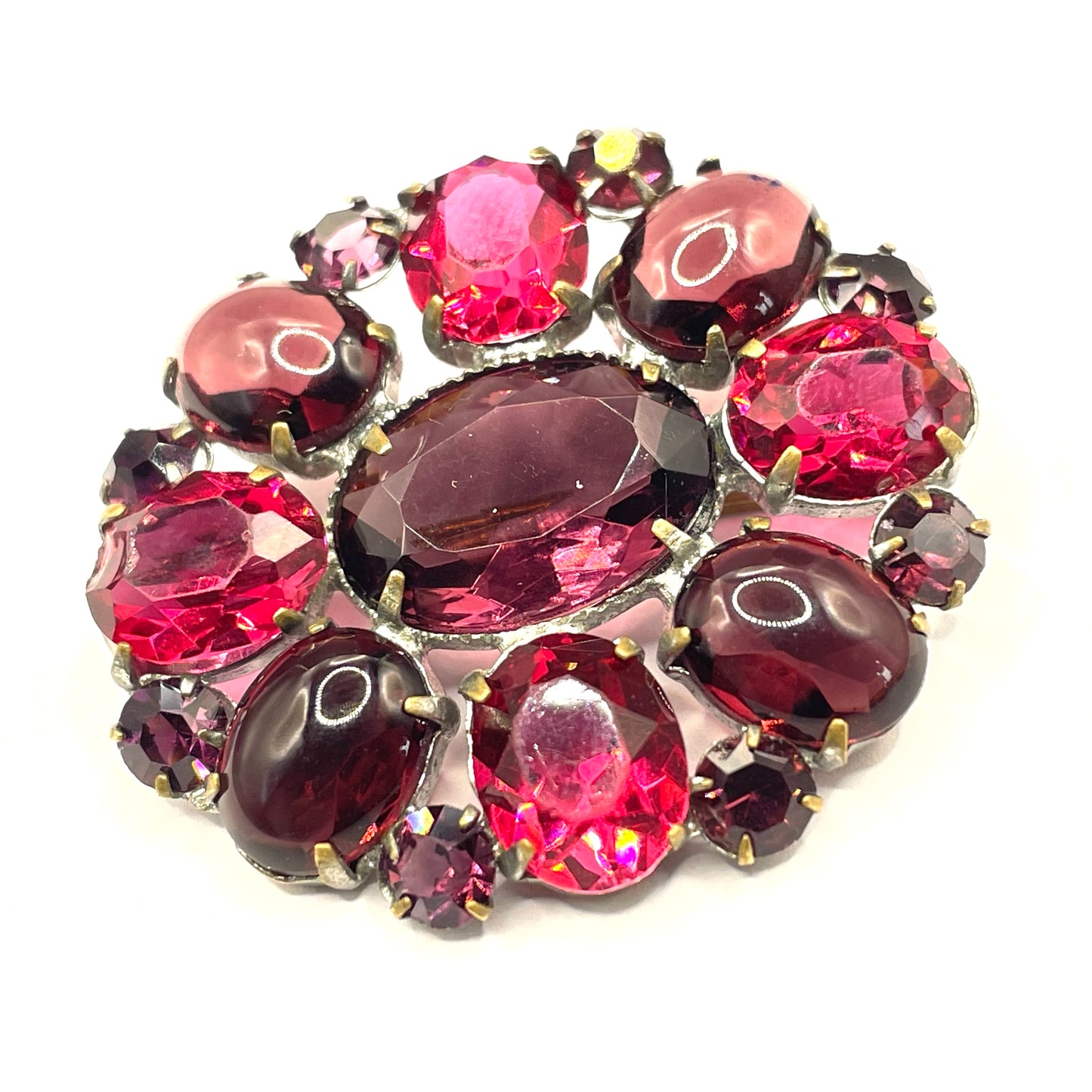 Vintage Art Deco Czech deep purple, violet and pink amethyst glass rhinestone and cabochon brooch pin, stones set open-backed