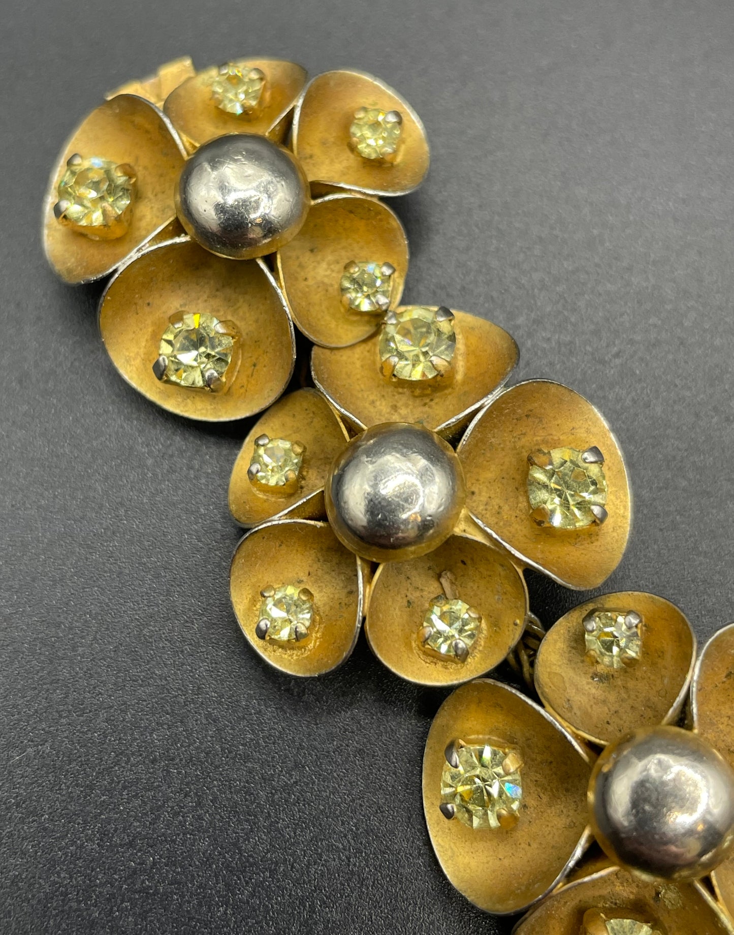 Vintage ornate floral bracelet, heavy moulded gold tone petals gold tone metal cabochon centres & yellow rhinestones, possible Haskell