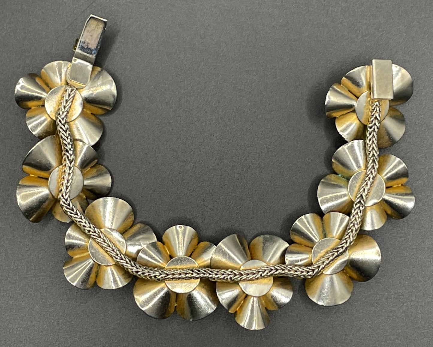 Vintage ornate floral bracelet, heavy moulded gold tone petals gold tone metal cabochon centres & yellow rhinestones, possible Haskell