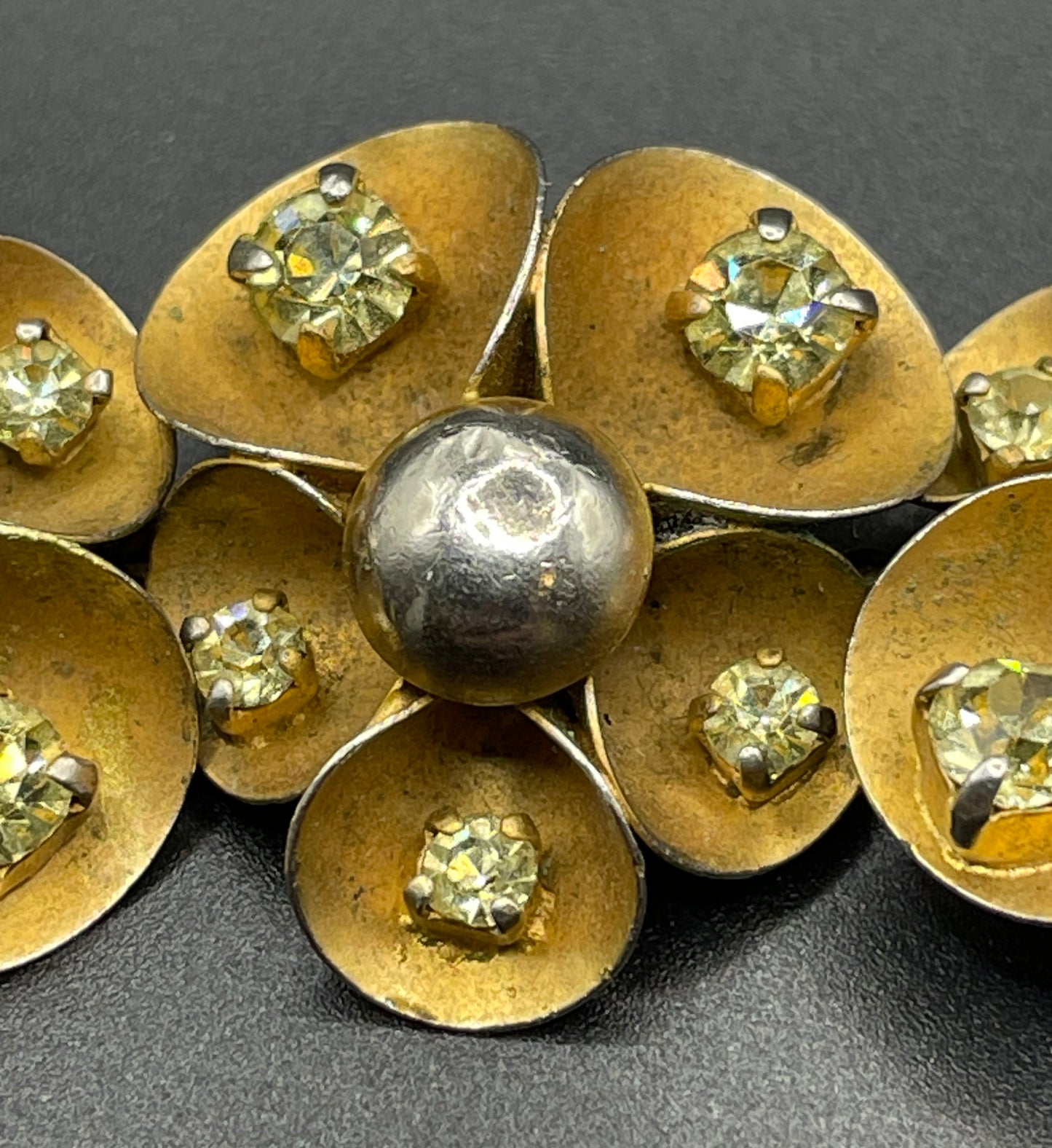 Vintage ornate floral bracelet, heavy moulded gold tone petals gold tone metal cabochon centres & yellow rhinestones, possible Haskell