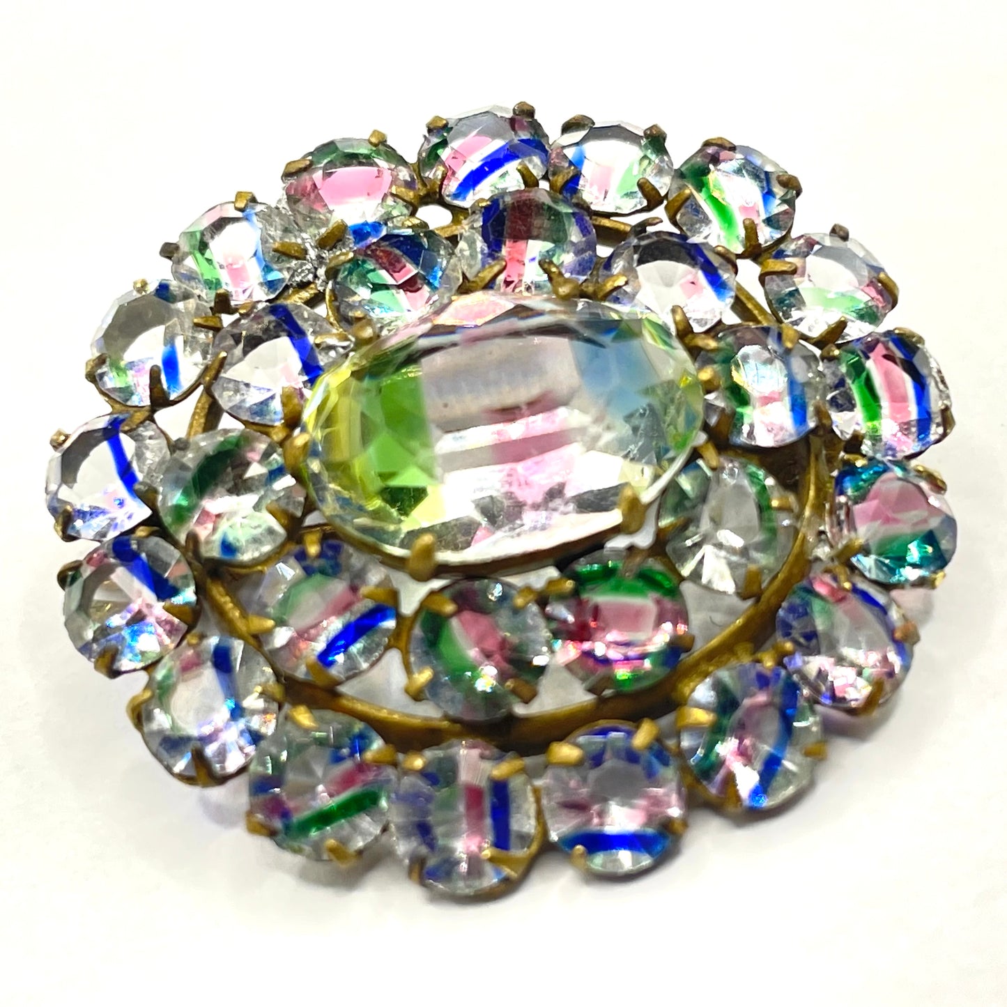 Petite vintage Art Deco iris glass rhinestone, open-backed, gold tone brooch pin, stunning rainbow pink, blue and green stripes
