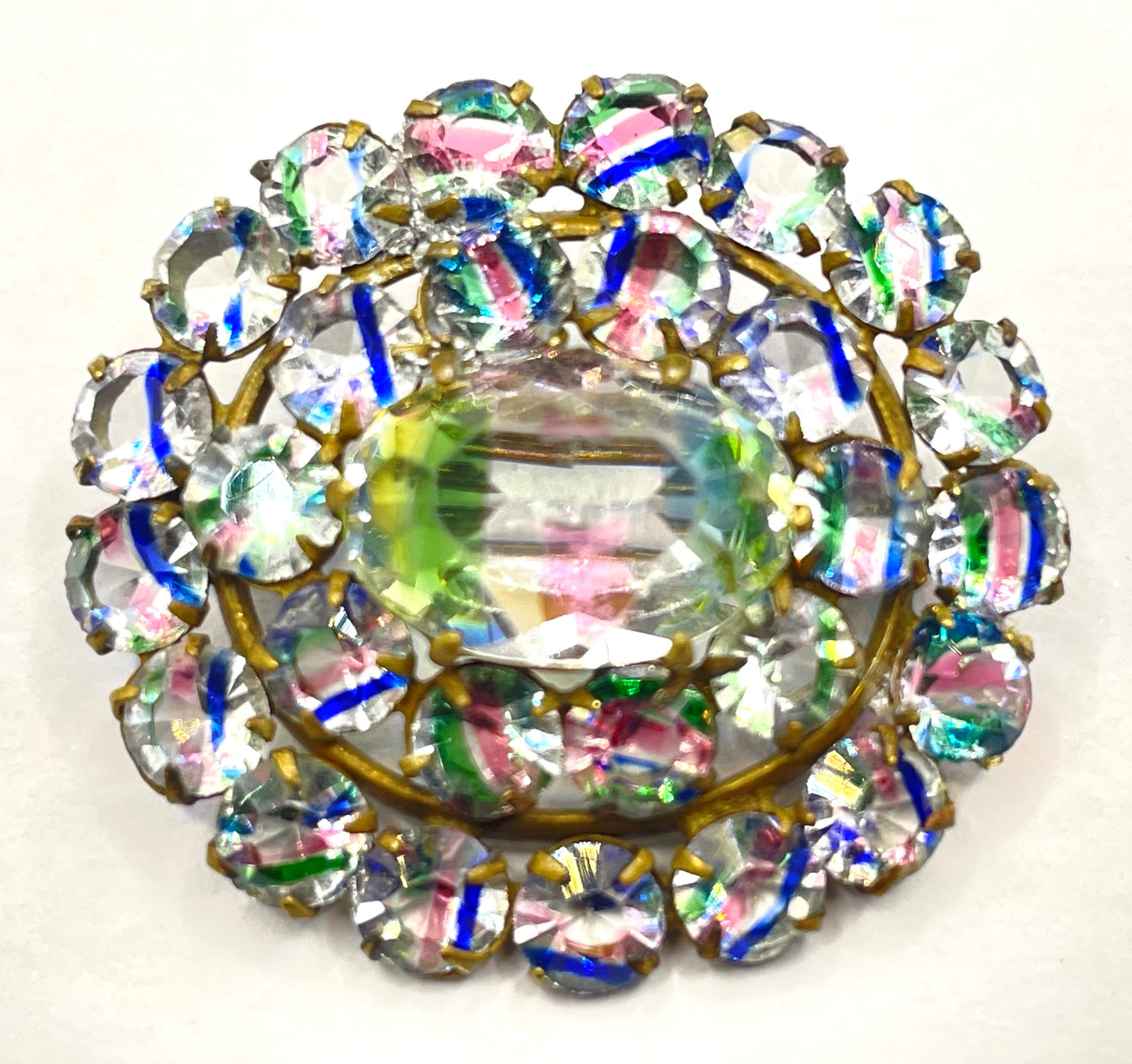 Petite vintage Art Deco iris glass rhinestone, open-backed, gold tone brooch pin, stunning rainbow pink, blue and green stripes