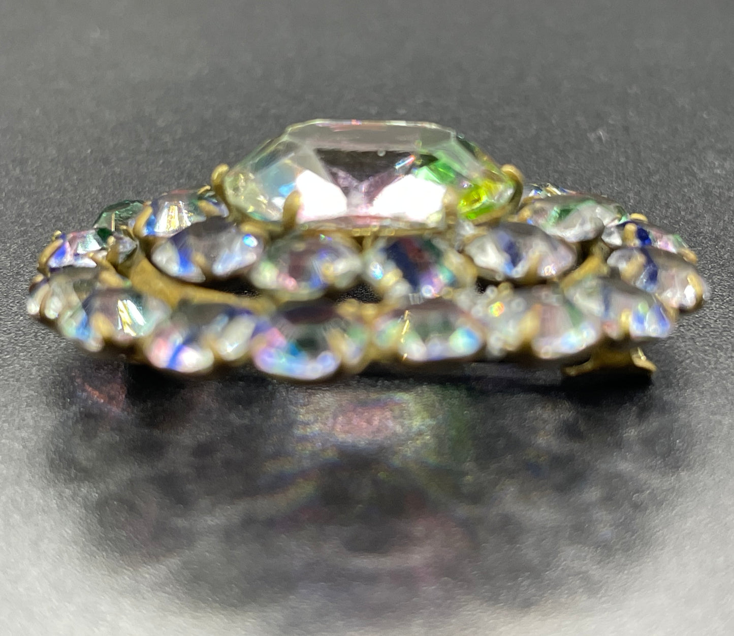 Petite vintage Art Deco iris glass rhinestone, open-backed, gold tone brooch pin, stunning rainbow pink, blue and green stripes