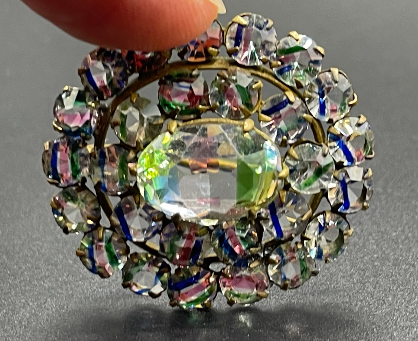 Petite vintage Art Deco iris glass rhinestone, open-backed, gold tone brooch pin, stunning rainbow pink, blue and green stripes