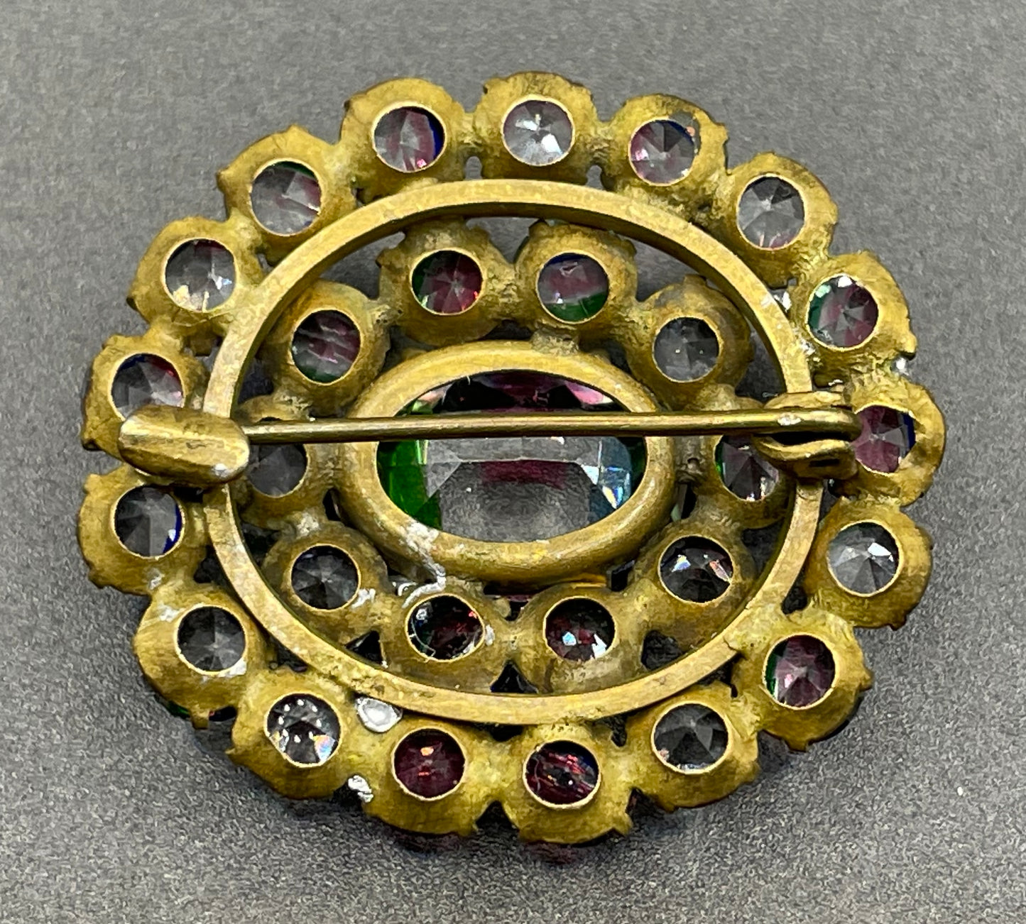 Petite vintage Art Deco iris glass rhinestone, open-backed, gold tone brooch pin, stunning rainbow pink, blue and green stripes