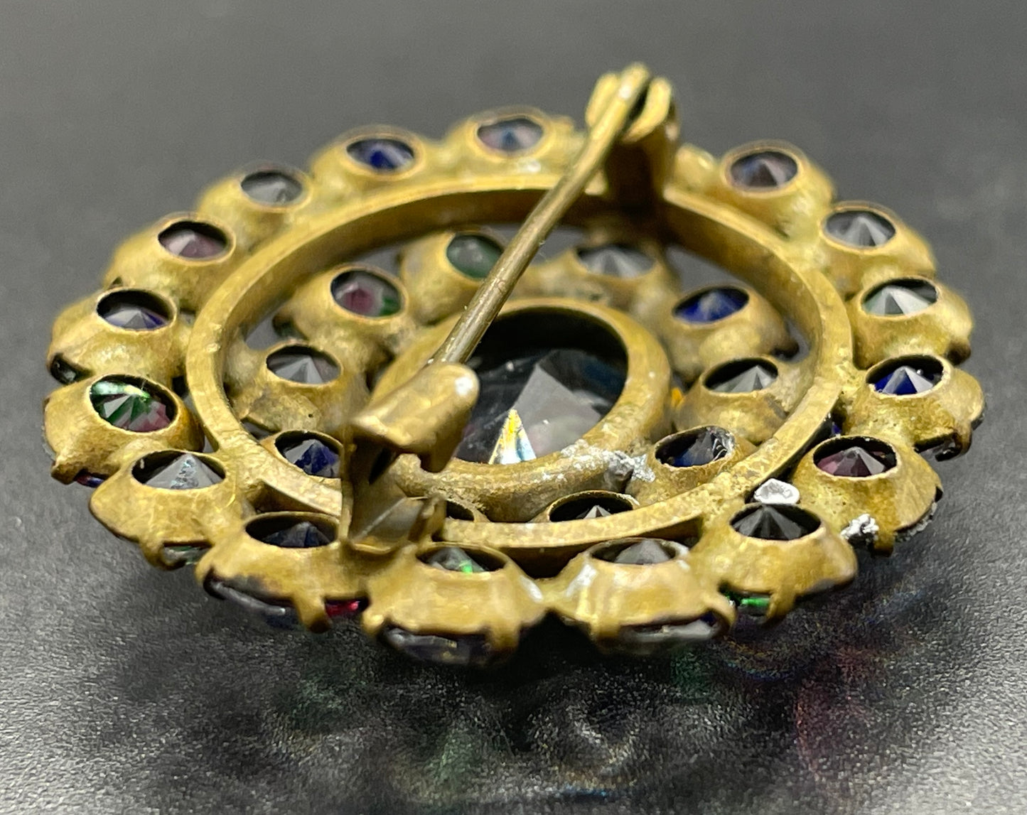 Petite vintage Art Deco iris glass rhinestone, open-backed, gold tone brooch pin, stunning rainbow pink, blue and green stripes