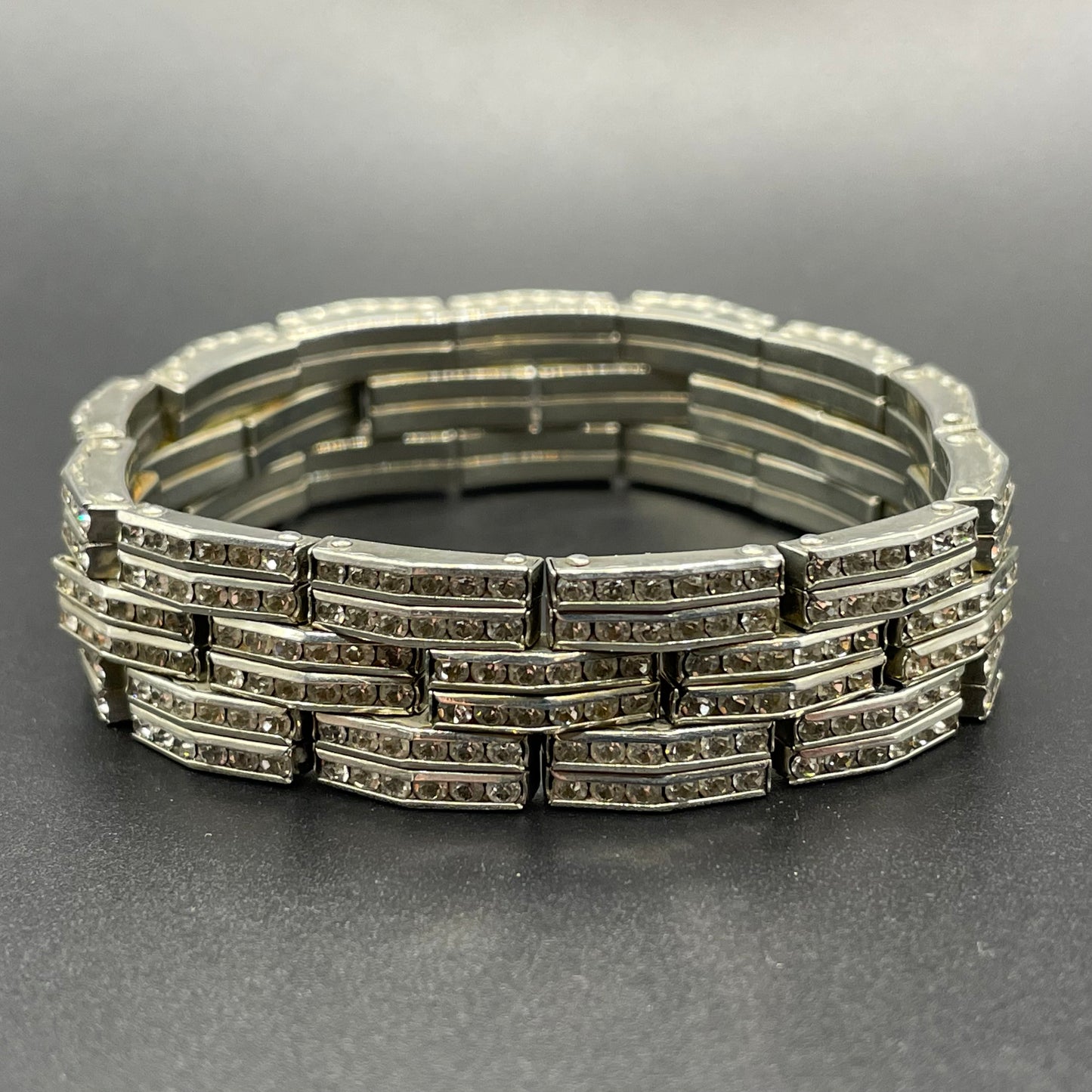 Vintage Art Deco Schreiber & Hiller (but unsigned) channel set clear paste rhinestone machine age stretch wide cocktail cuff bracelet