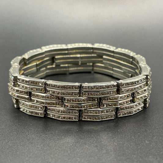 Vintage Art Deco Schreiber & Hiller (but unsigned) channel set clear paste rhinestone machine age stretch wide cocktail cuff bracelet