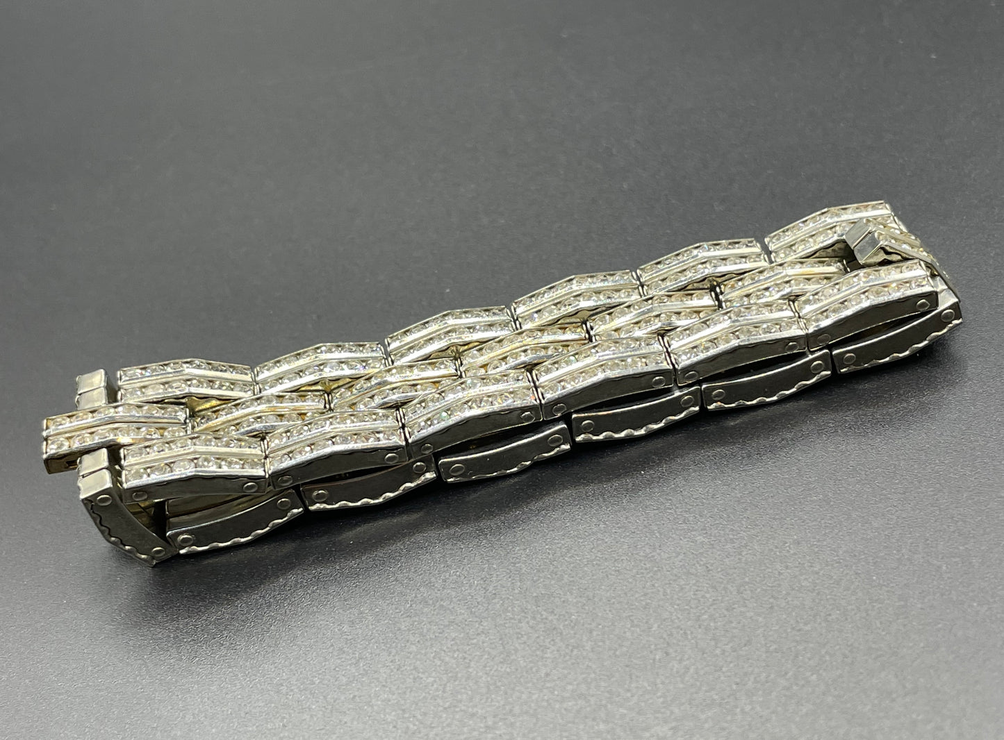 Vintage Art Deco Schreiber & Hiller (but unsigned) channel set clear paste rhinestone machine age stretch wide cocktail cuff bracelet