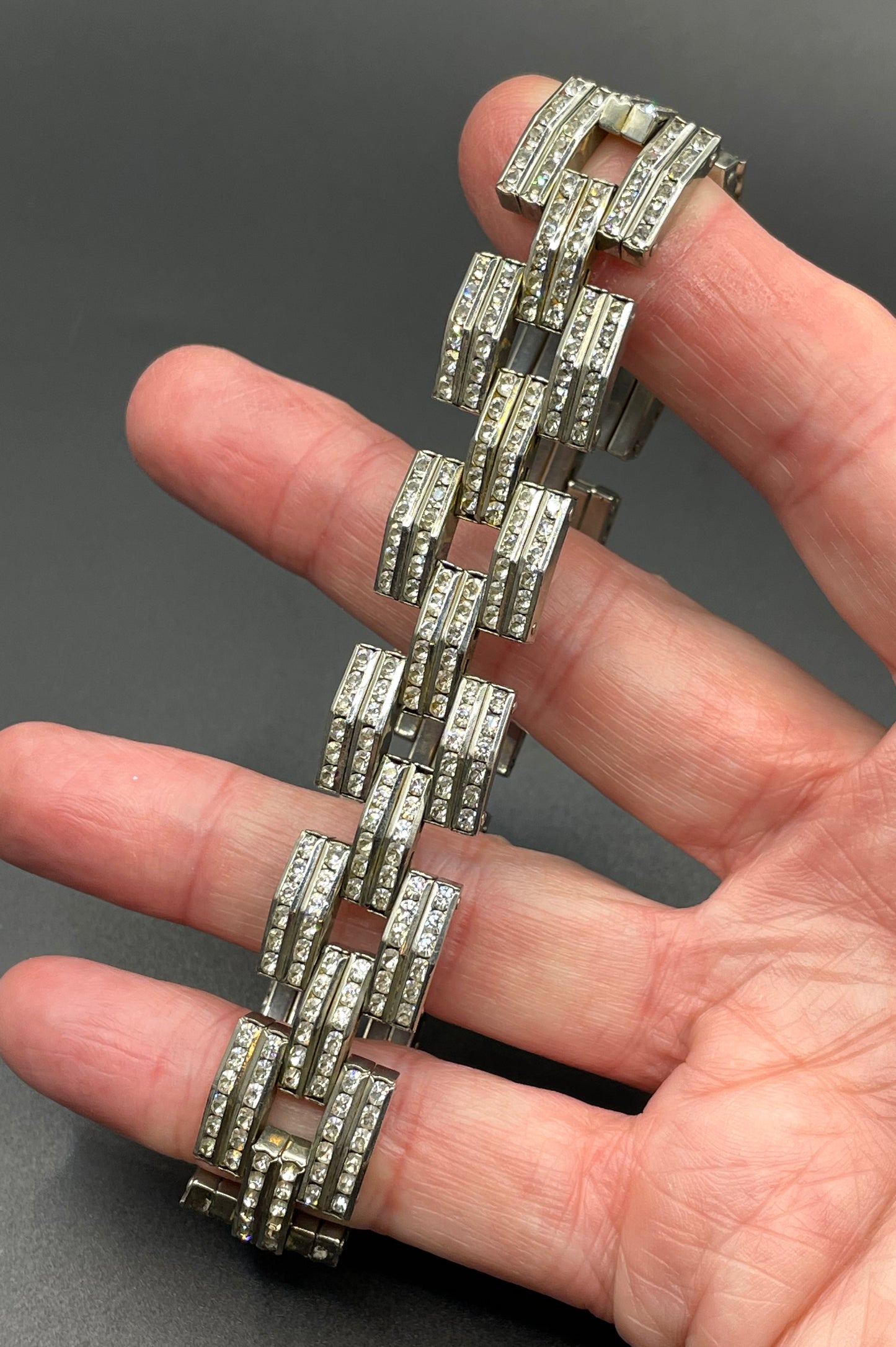 Vintage Art Deco Schreiber & Hiller (but unsigned) channel set clear paste rhinestone machine age stretch wide cocktail cuff bracelet