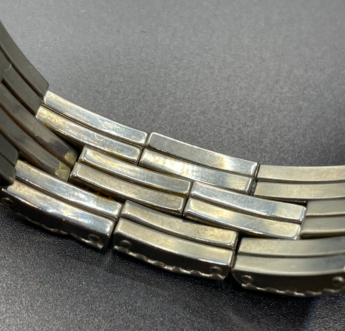 Vintage Art Deco Schreiber & Hiller (but unsigned) channel set clear paste rhinestone machine age stretch wide cocktail cuff bracelet