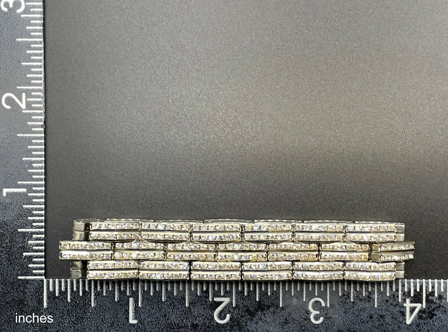 Vintage Art Deco Schreiber & Hiller (but unsigned) channel set clear paste rhinestone machine age stretch wide cocktail cuff bracelet