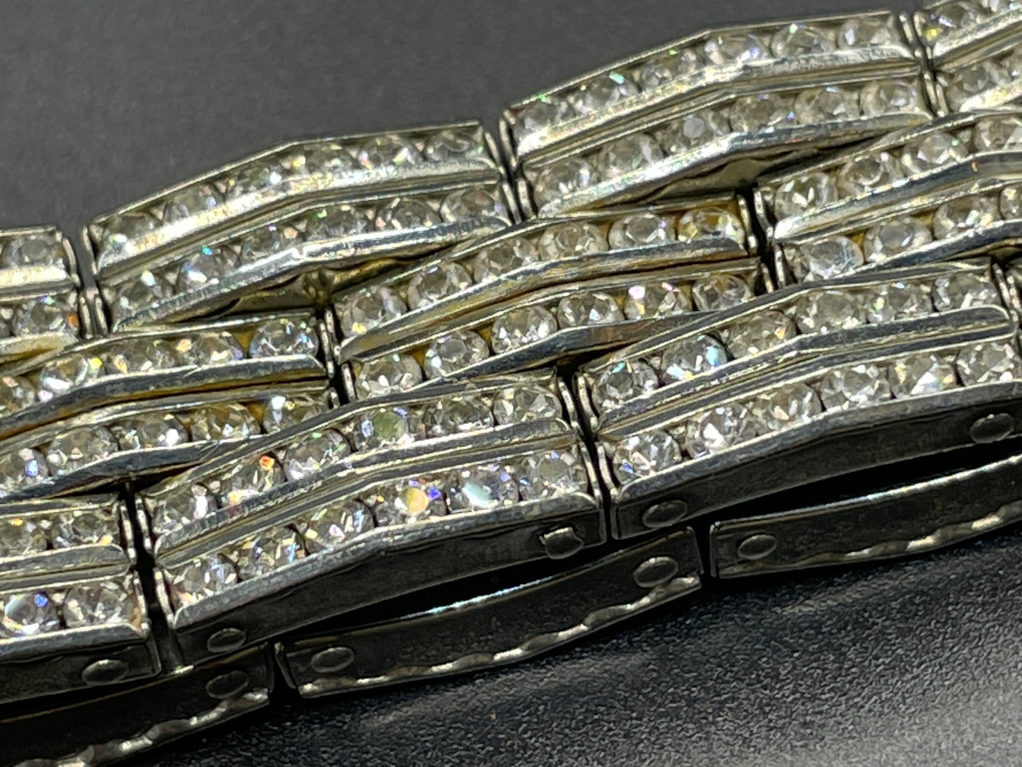 Vintage Art Deco Schreiber & Hiller (but unsigned) channel set clear paste rhinestone machine age stretch wide cocktail cuff bracelet