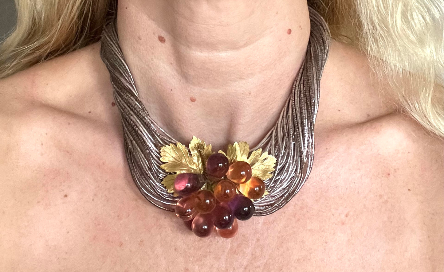 Vintage French Art Deco poured glass bead, gold tone and foiled wrapped multi-thread, possibly Louis Rousselet