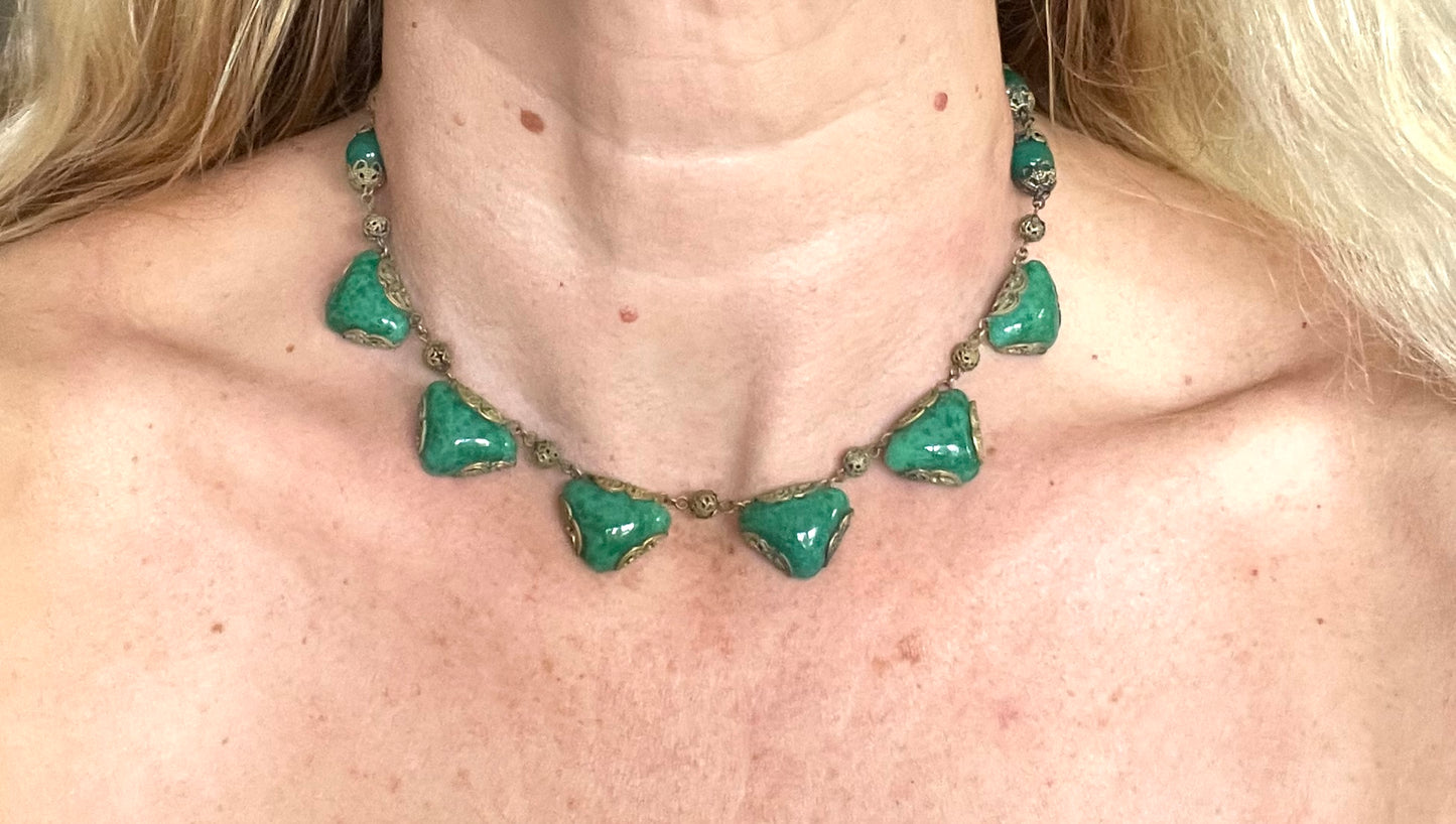 Vintage Art Deco Czech green Peking glass and gold tone filigree necklace, possibly Neiger Brothers (Max and Norbert)